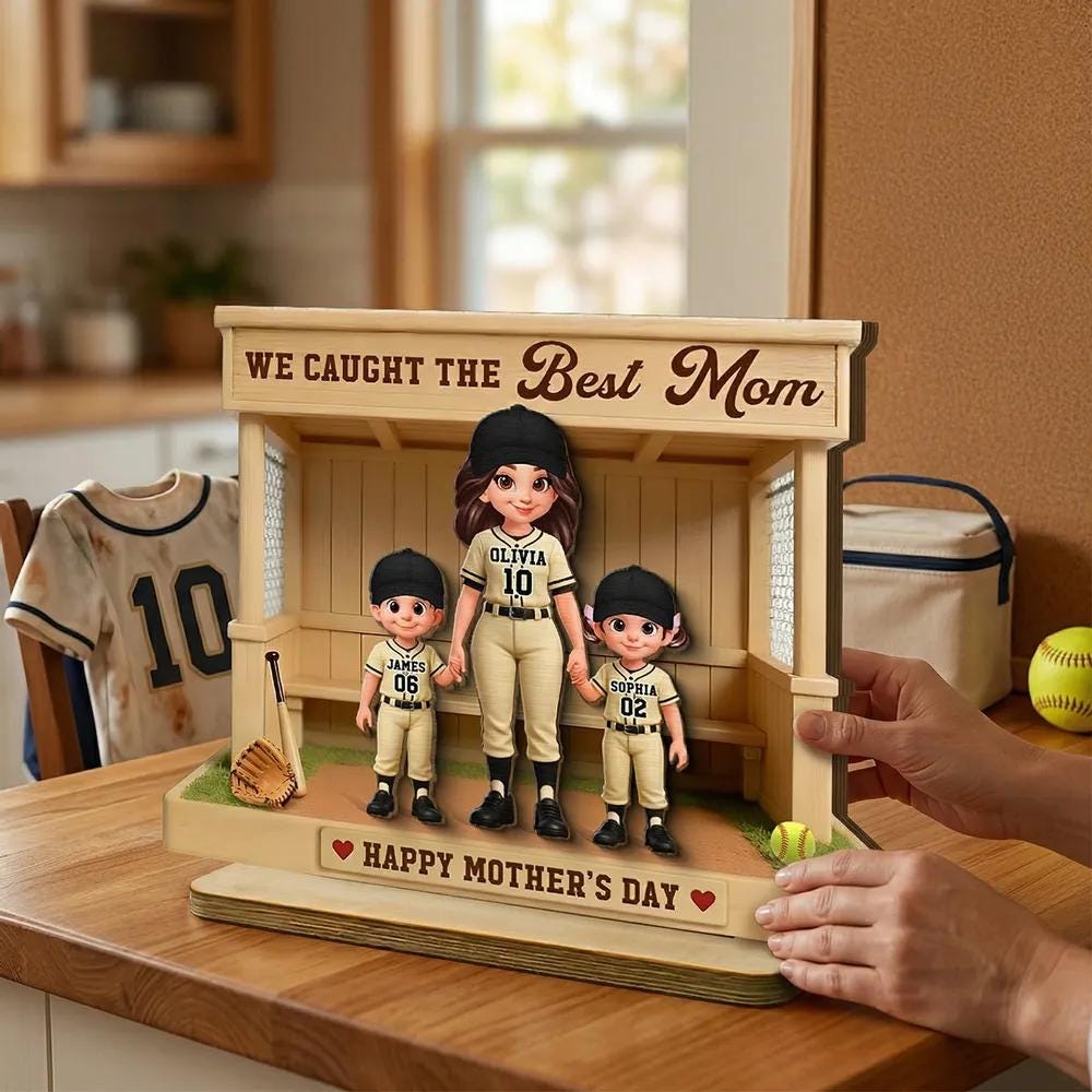 Personalized Softball Mom Gift Wooden Standee, Custom Mom Kids Dugout Figurine, Mother's Day Birthday Gift for Mom Family Keepsake Decor