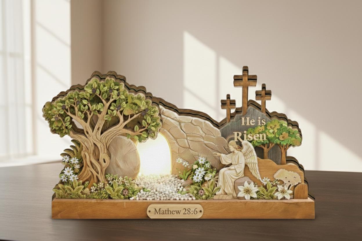 He is Risen Easter Wooden Block Sign, 2D Flat Empty Tomb Scene, Resurrection Christian Decor, Pastor Appreciation Church Gift