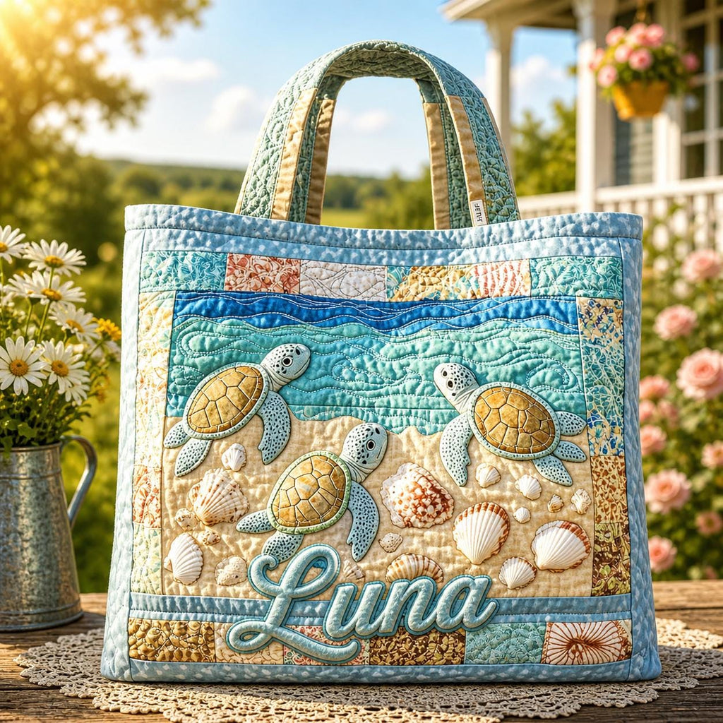 Personalized Sea Turtle Starfish Quilted Tote Bag, Custom Name Summer Vacation Tote, Cute Sea Shoulder Bag, Handbag Gift for Beach Lover