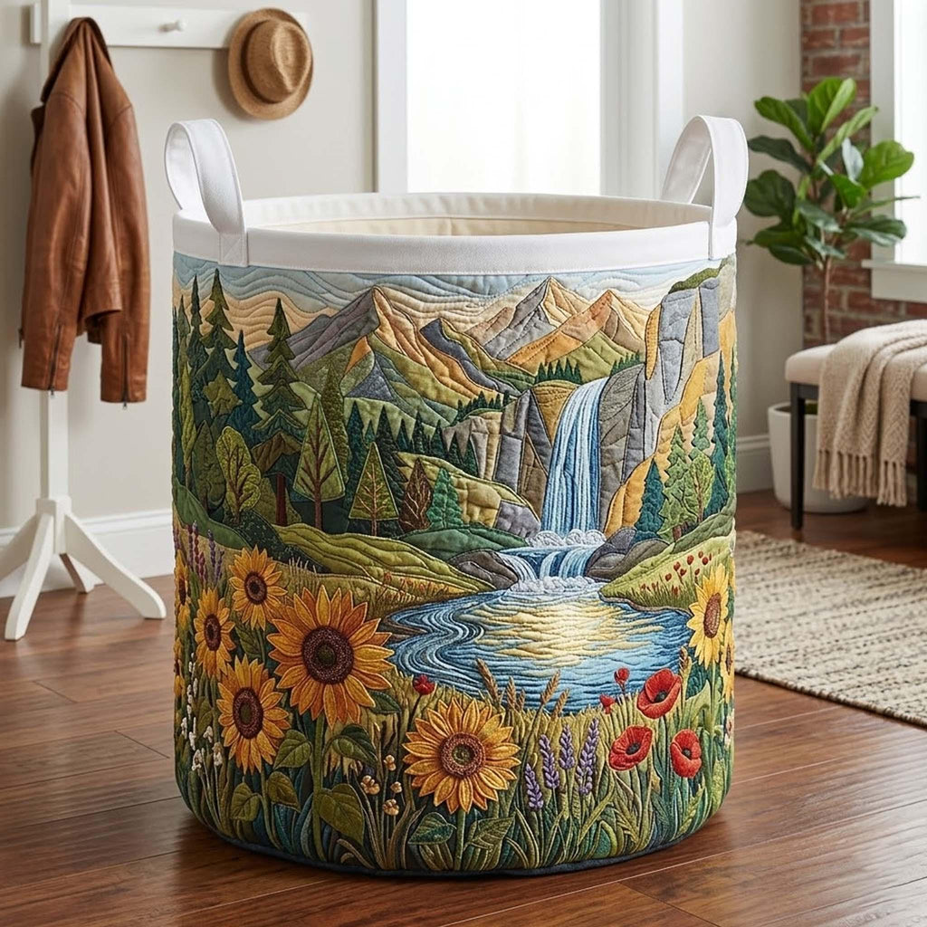 Blooming Forest Quilted Laundry Basket, Spring Fall Family Storage Bin, Floral Woodland Hamper, Cozy Nature Room Decor