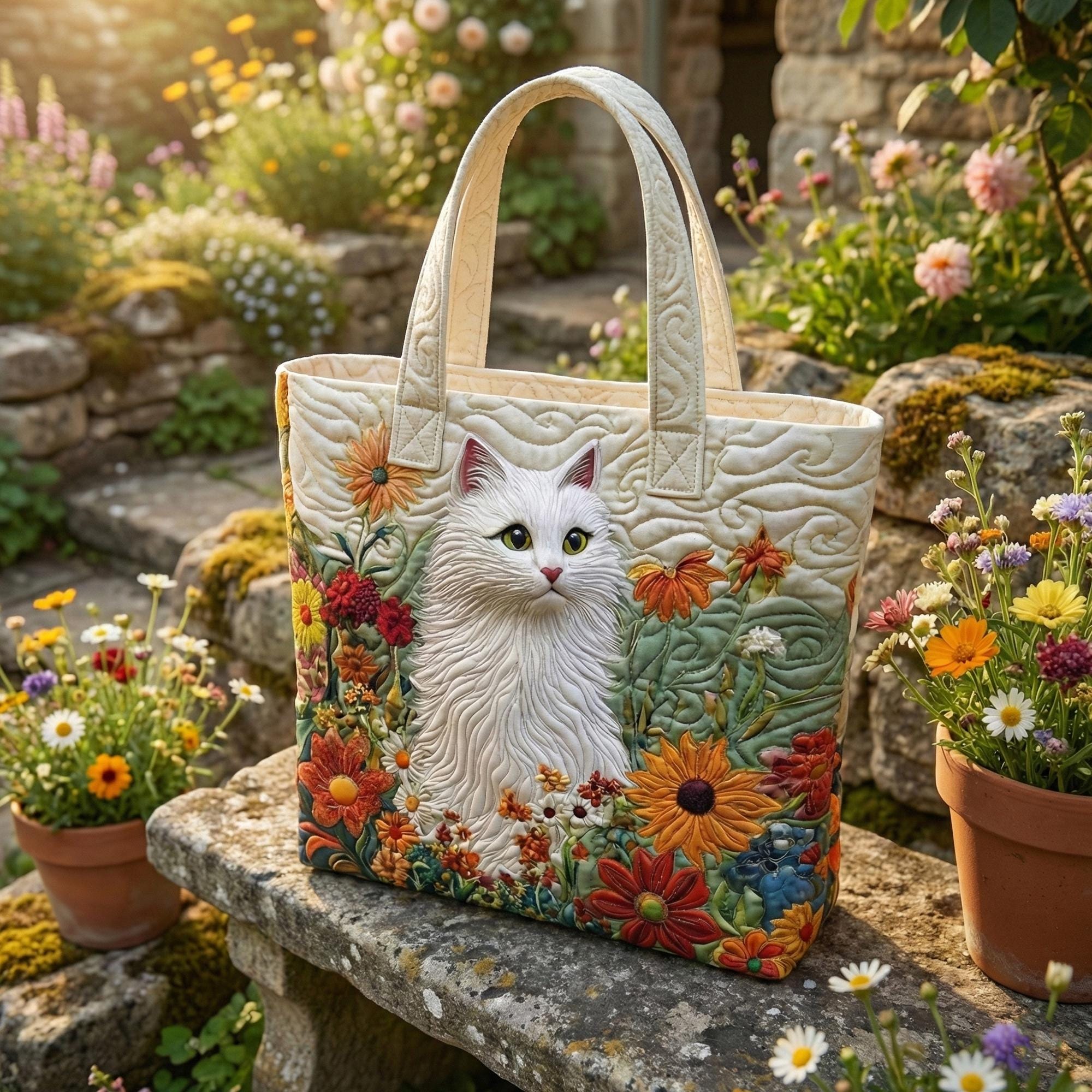 Quilted Cat Tote Bag, White Persian Cat Handbag, Floral Applique Purse, Botanical Garden Bag, Gift for Cat Mom, Handmade Shoulder Bag
