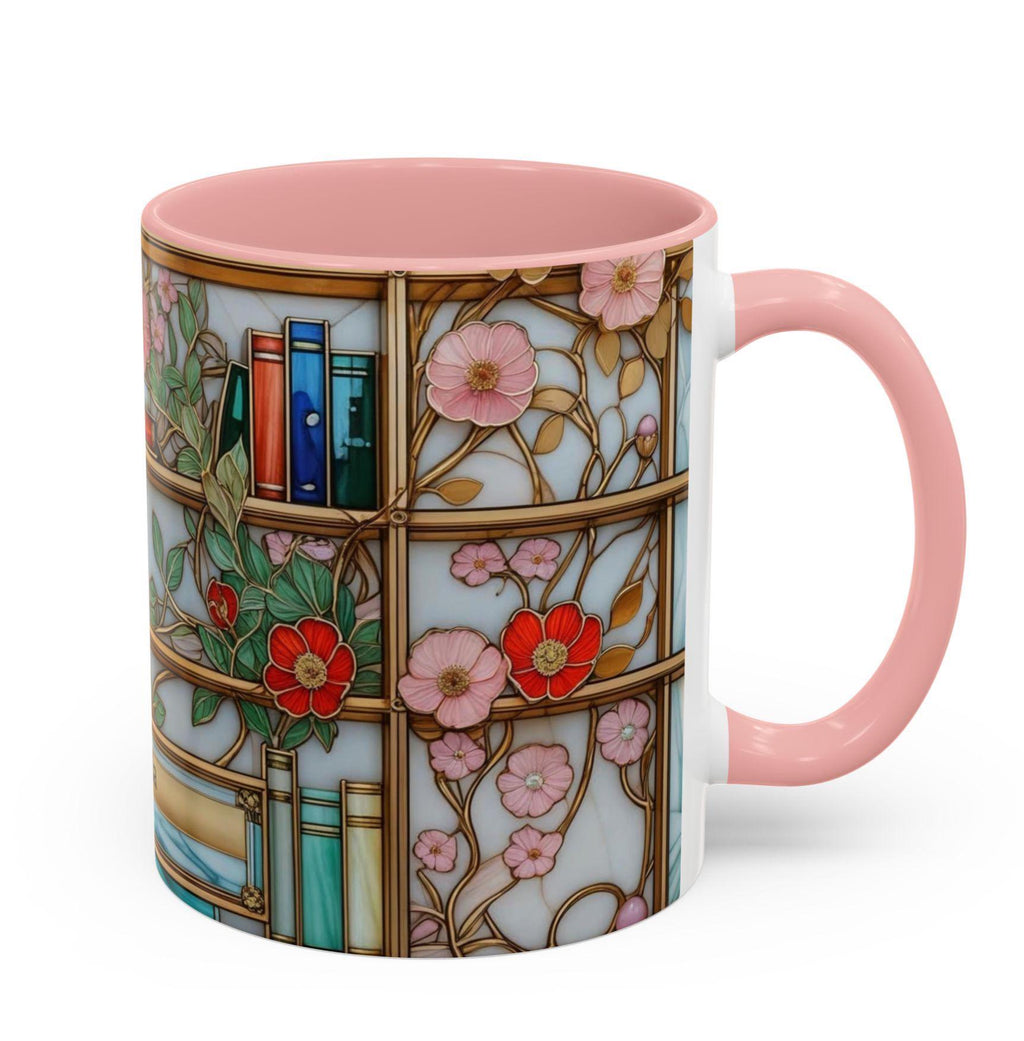 Stained Glass Bookshelf Mug, Floral Coffee Cup, Book Lover Gift, Creative Printed Mug – Simple, Elegant Design