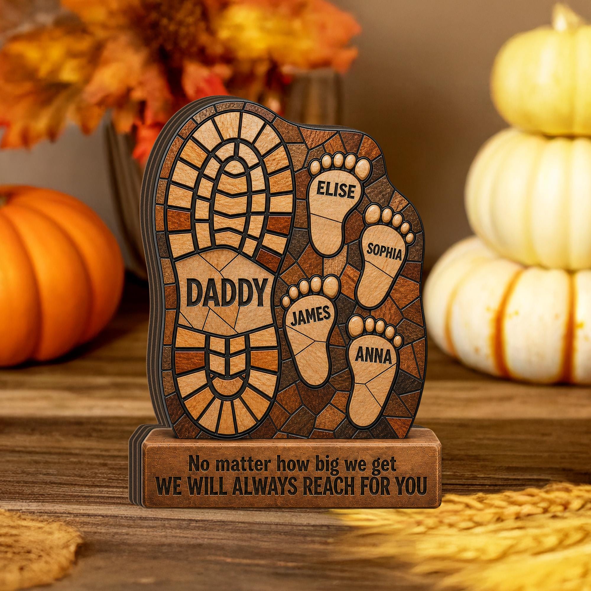 Personalized Dad Footprint Wooden Block Sculpture, Custom Wood Family Namedecor