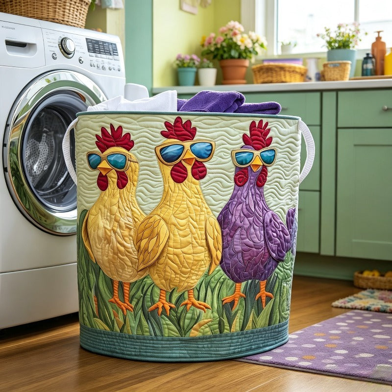 Chicken Quilted Laundry Basket, Farmhouse Rooster Clothes Hamper, Large Fabric Storage Bin with Handles for Bedroom Laundry Room
