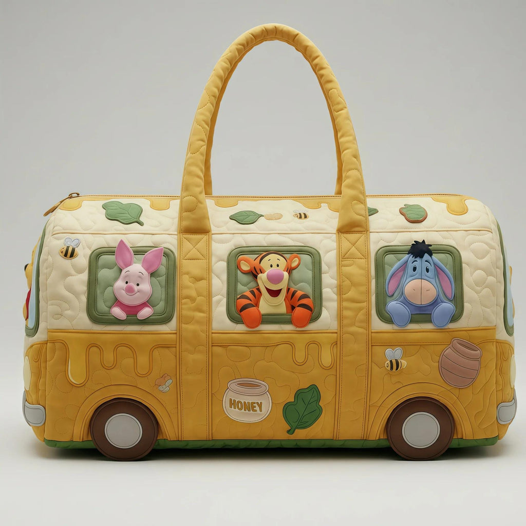 Quilted Bear Friends Bus Duffle Bag – Yellow Honey Travel Weekender Tote, Cute Cartoon Diaper Bag, Baby Shower Gift