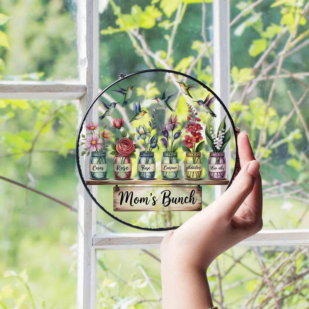 Personalized Grandma's Garden Suncatcher, Birth Month Flower Stained Glass Acrylic Window Hanging, Valentine Gift, Grandma Gift, Mom Gifts