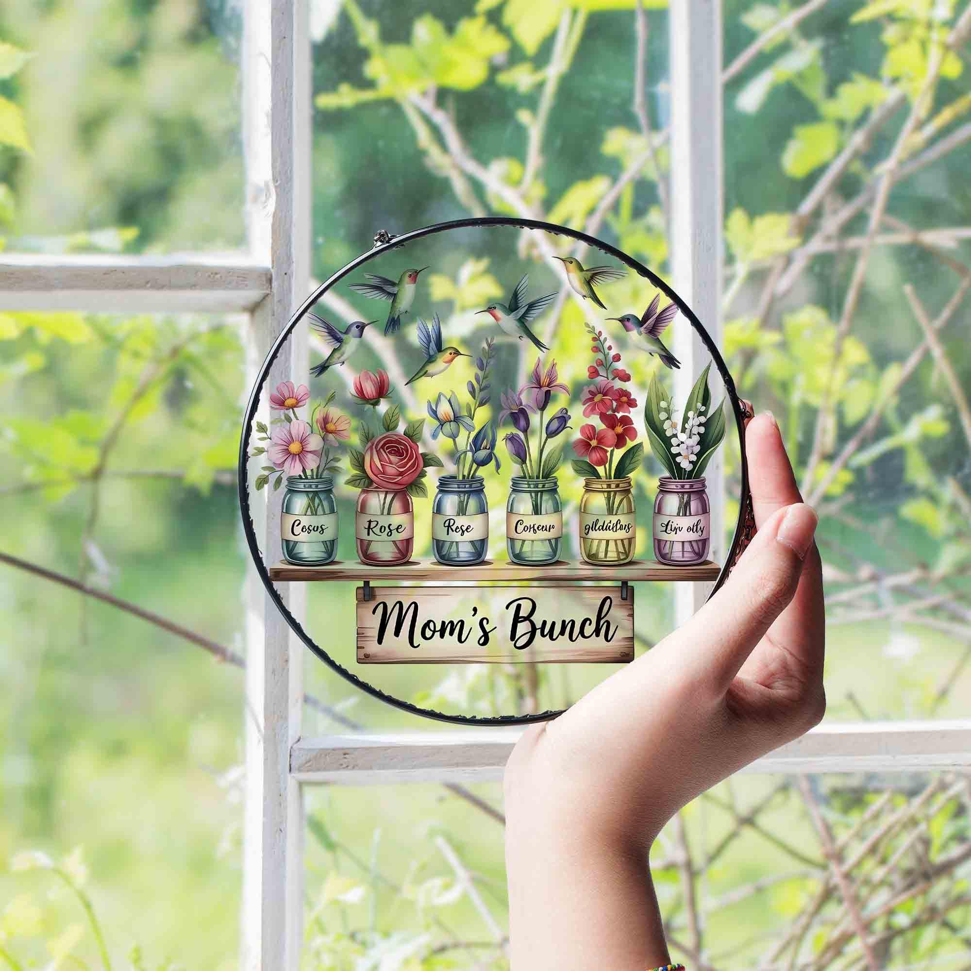 Personalized Grandma's Garden Suncatcher, Birth Month Flower Stained Glass Acrylic Window Hanging, Valentine Gift, Grandma Gift, Mom Gifts