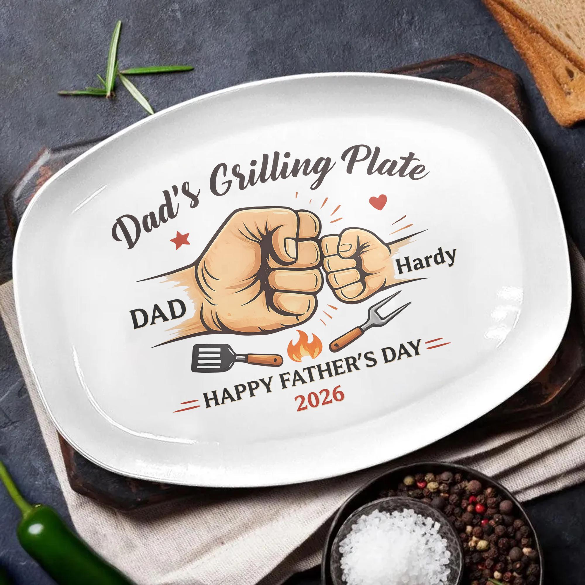 Custom Fist Bump Grilling Plate for Dad, Custom Name Platter, Funny Decor Platter for Papa, Father Day Gift