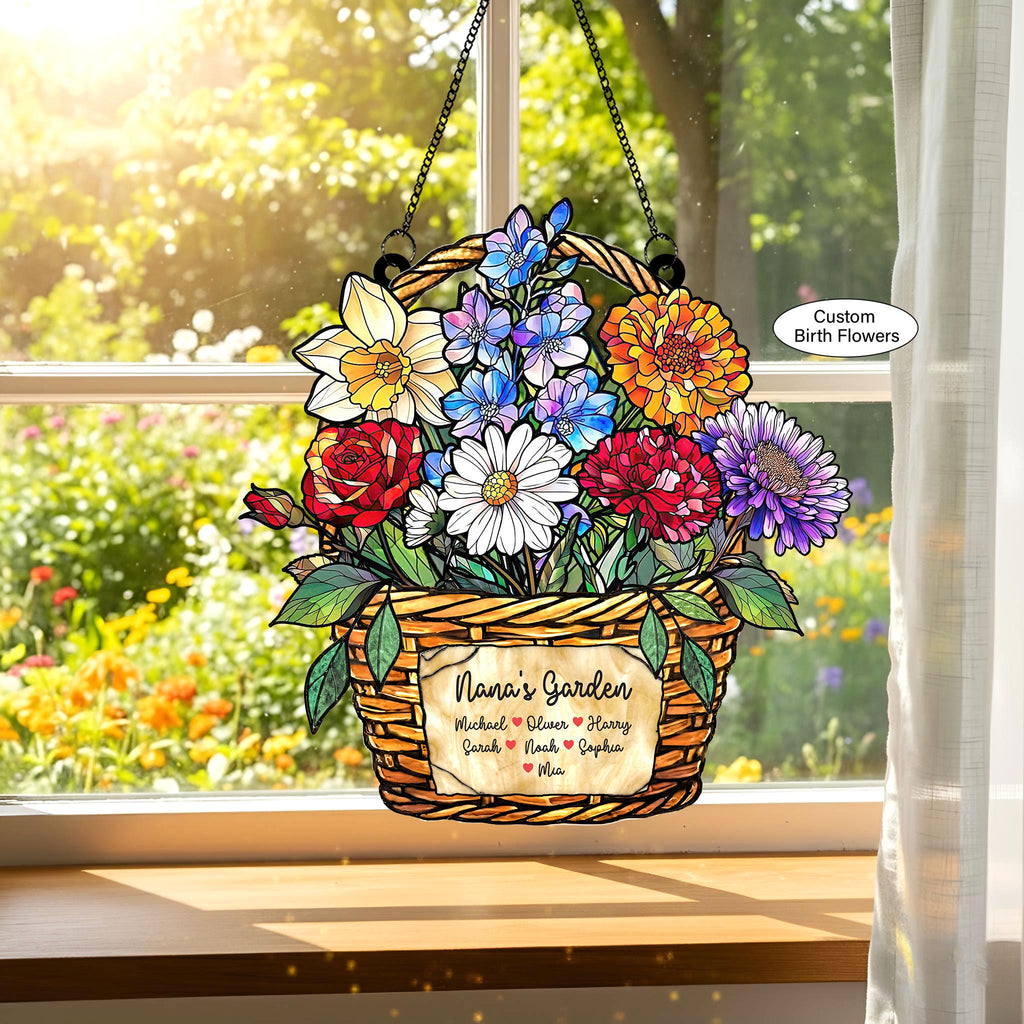 Personalized Birth Month Flower Stained Glass, Grandma's Garden Suncatcher Acrylic Window Hanging, Mothers Day Gift, Grandma Gift, Mom Gifts