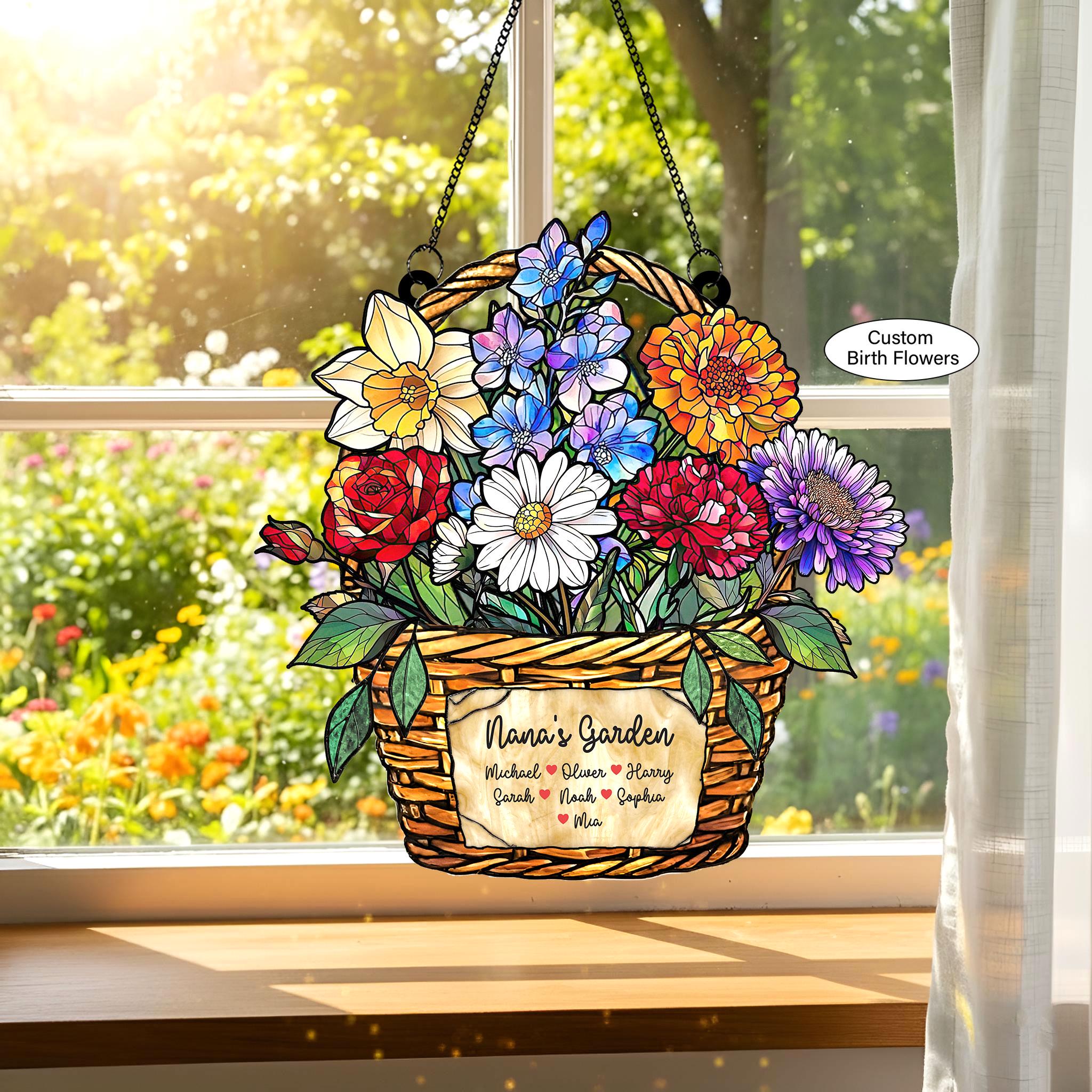 Personalized Birth Month Flower Stained Glass, Grandma's Garden Suncatcher Acrylic Window Hanging, Mothers Day Gift, Grandma Gift, Mom Gifts