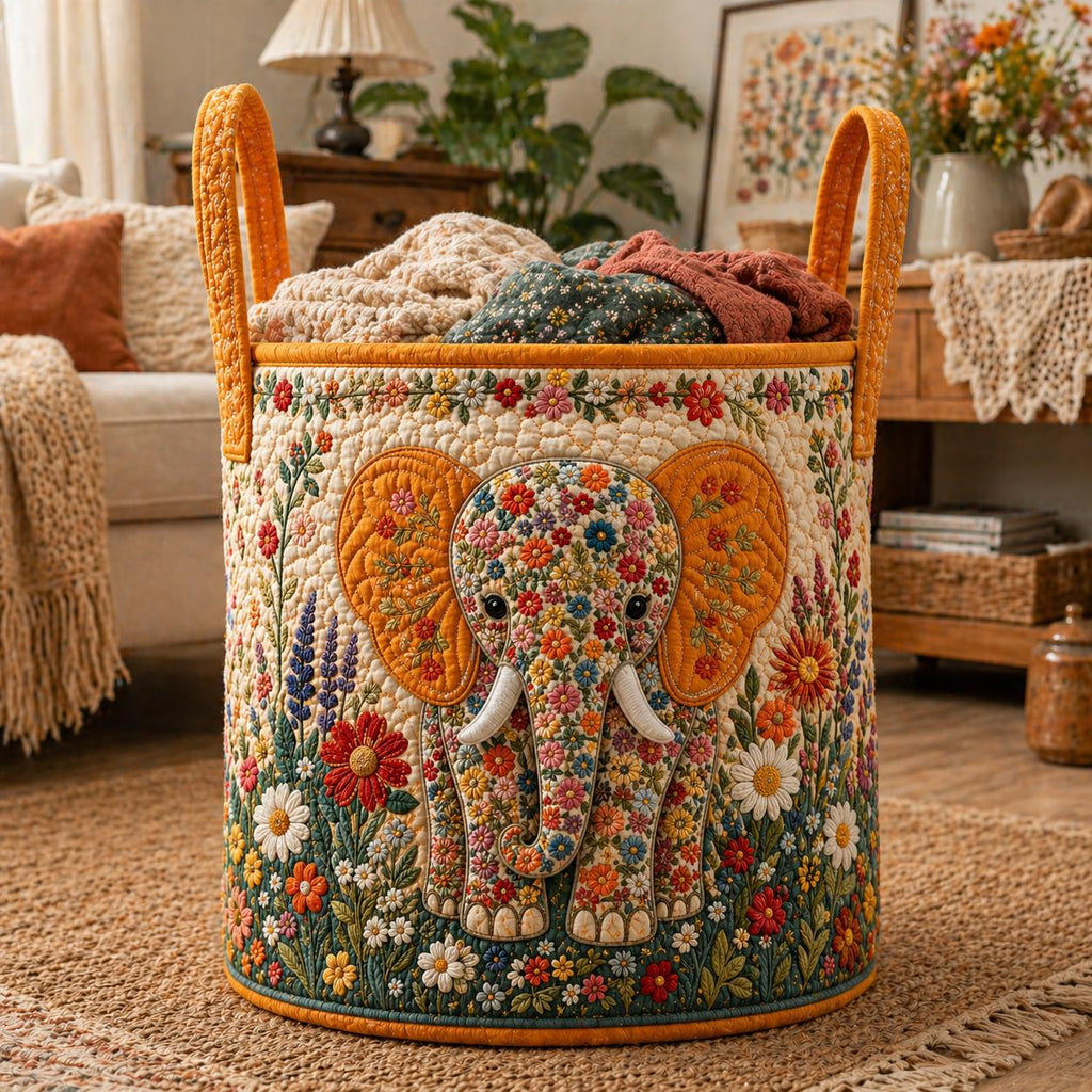 Quilted Fabric Elephant Basket, Floral Embroidery Storage Bin, Boho Handmade Laundry Basket, Applique Patchwork Organizer, Home Decor Gift