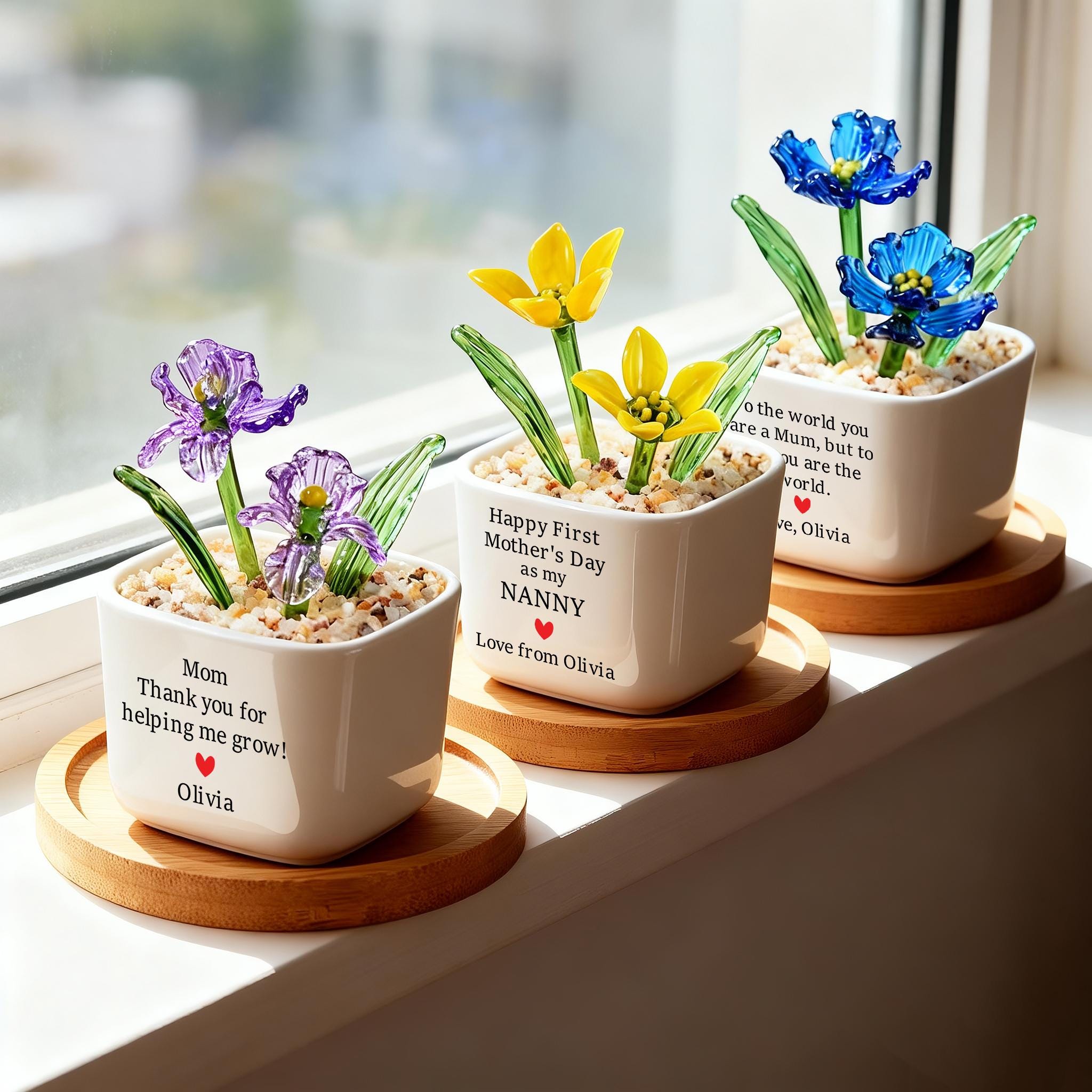 Hand Blown Glass Potted Flowers, Custom Birth Flower Pot, Mother's Day Gift, Stained glass Plant,Home Decor,Housewarming Gift,Gift for Mom