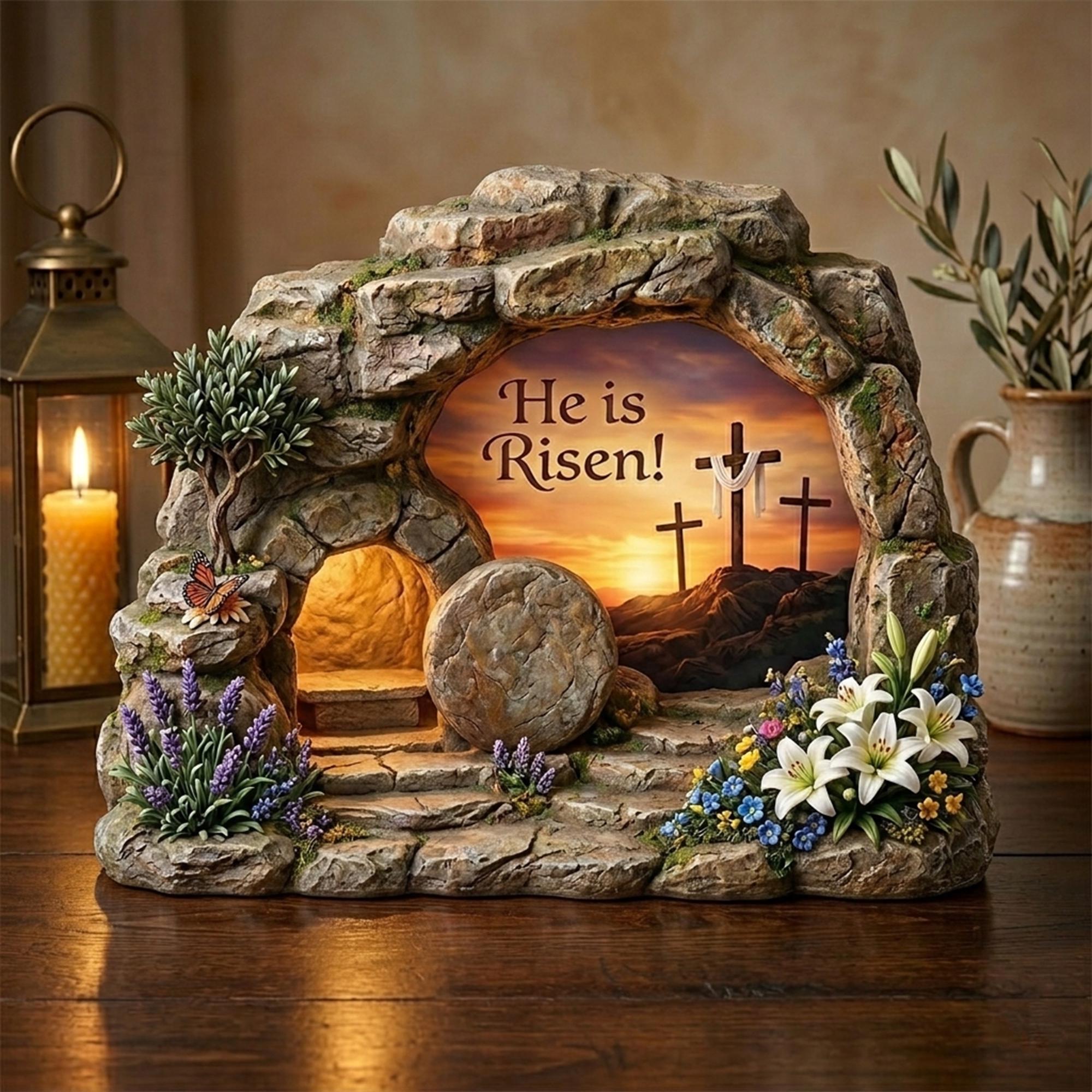 Easter Wooden Block, He is Risen Christian Sign, Empty Tomb Resurrection Scene, Meaningful Church Gift for Pastor Appreciation and Ministry