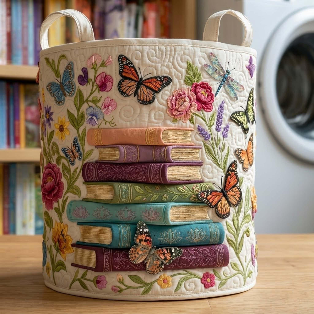 Butterflies Bookstack Quilted Laundry Basket_ Bookish Hamper, Book Lover Storage Bin