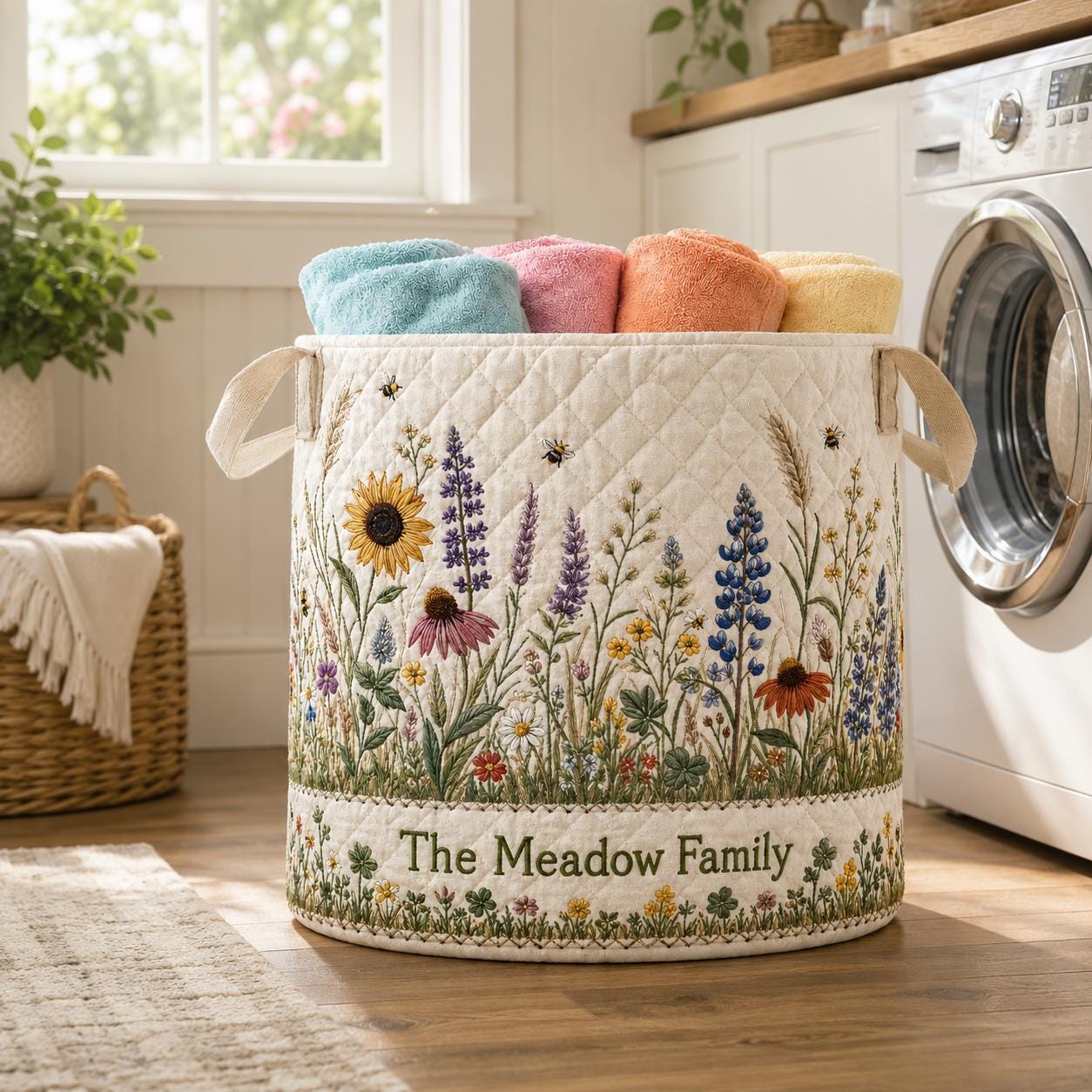 Personalized Wildflower Meadow Laundry Basket, Quilted Floral Hamper, Custom Family Name Storage Bin, Botanical Room Decor