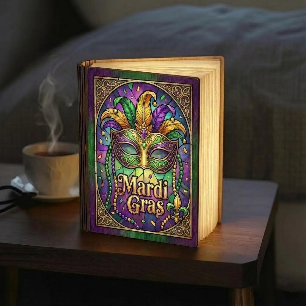 Mardi Gras Book Lamp, Carnival Mask Night Light, Louisiana Reading Lamp, Mardi Gras Festival Book Light, Fluer De Lis Mardi Gras Decor