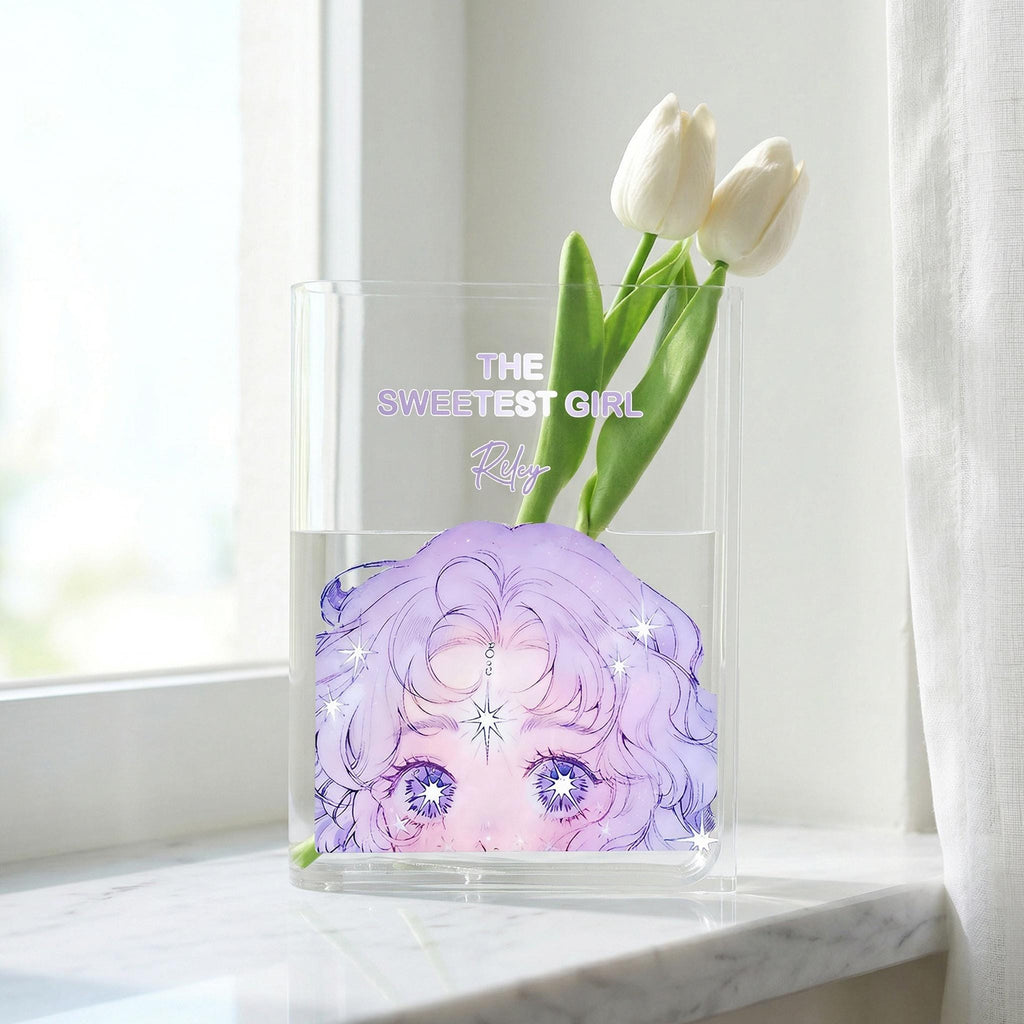 Anime Girl Acrylic Book Vase, the Sweetest Girl Bookish Vase, Cute Girl Face Book Shaped Vase, Aesthetic Decor, Custom Gift for Book Lovers