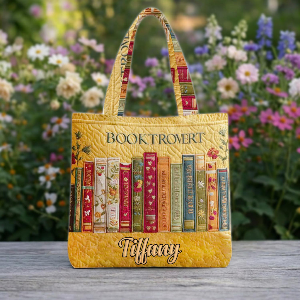 Custom Name Booktrovert Quilted Tote Bag, Personalized Book Lover Gift, Aesthetic Reader Shoulder Bag, Library Tote, Bibliophile Gift