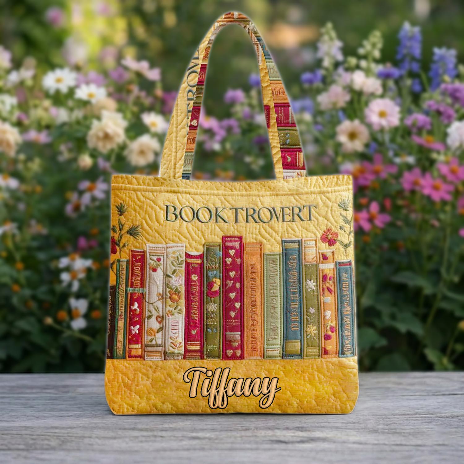 Custom Name Booktrovert Quilted Tote Bag, Personalized Book Lover Gift, Aesthetic Reader Shoulder Bag, Library Tote, Bibliophile Gift