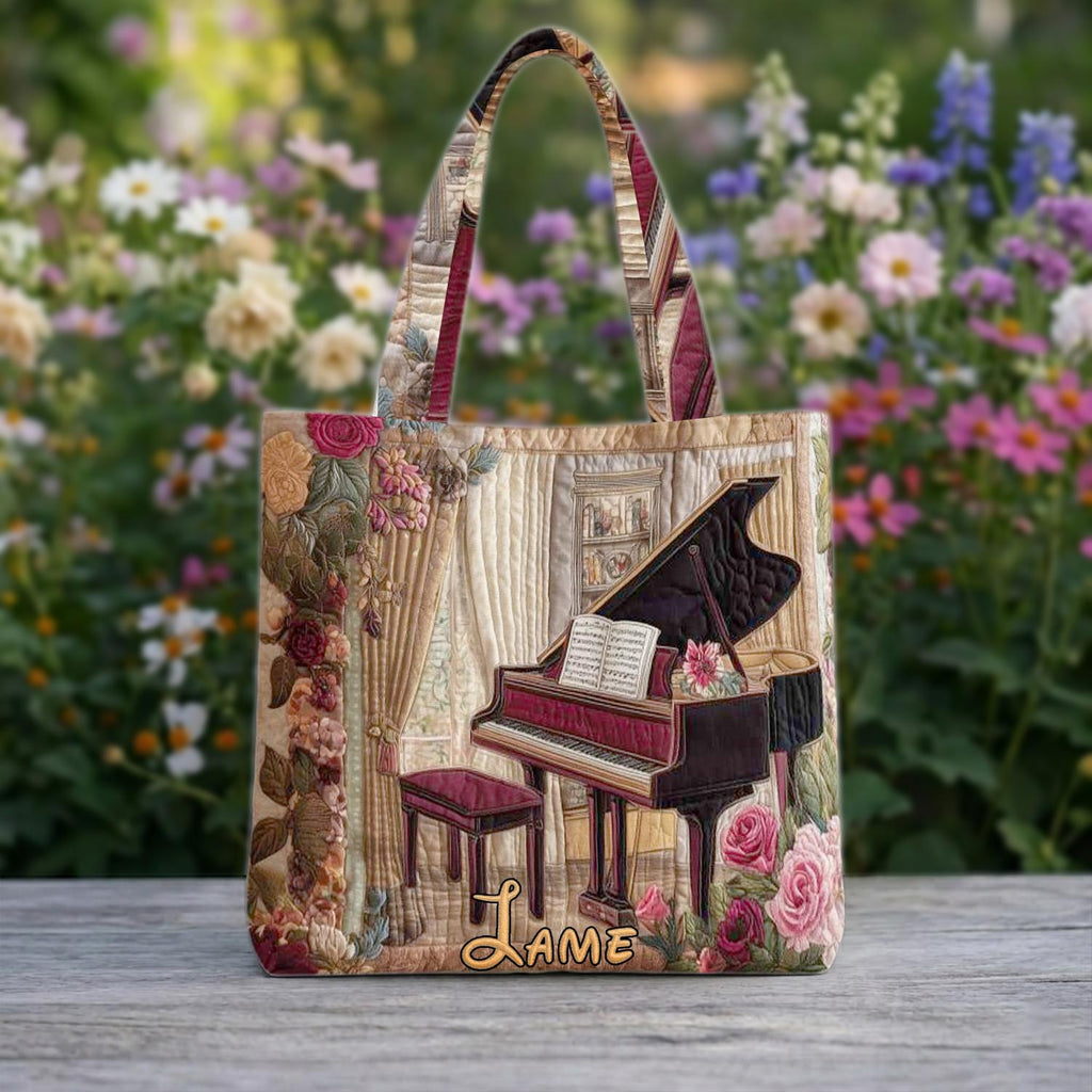 Custom Name Piano Quilted Tote Bag, Personalized Music Teacher Tote Bag, Aesthetic Keyboard Design Tote, Gift for Pianist, Piano Notes Bag