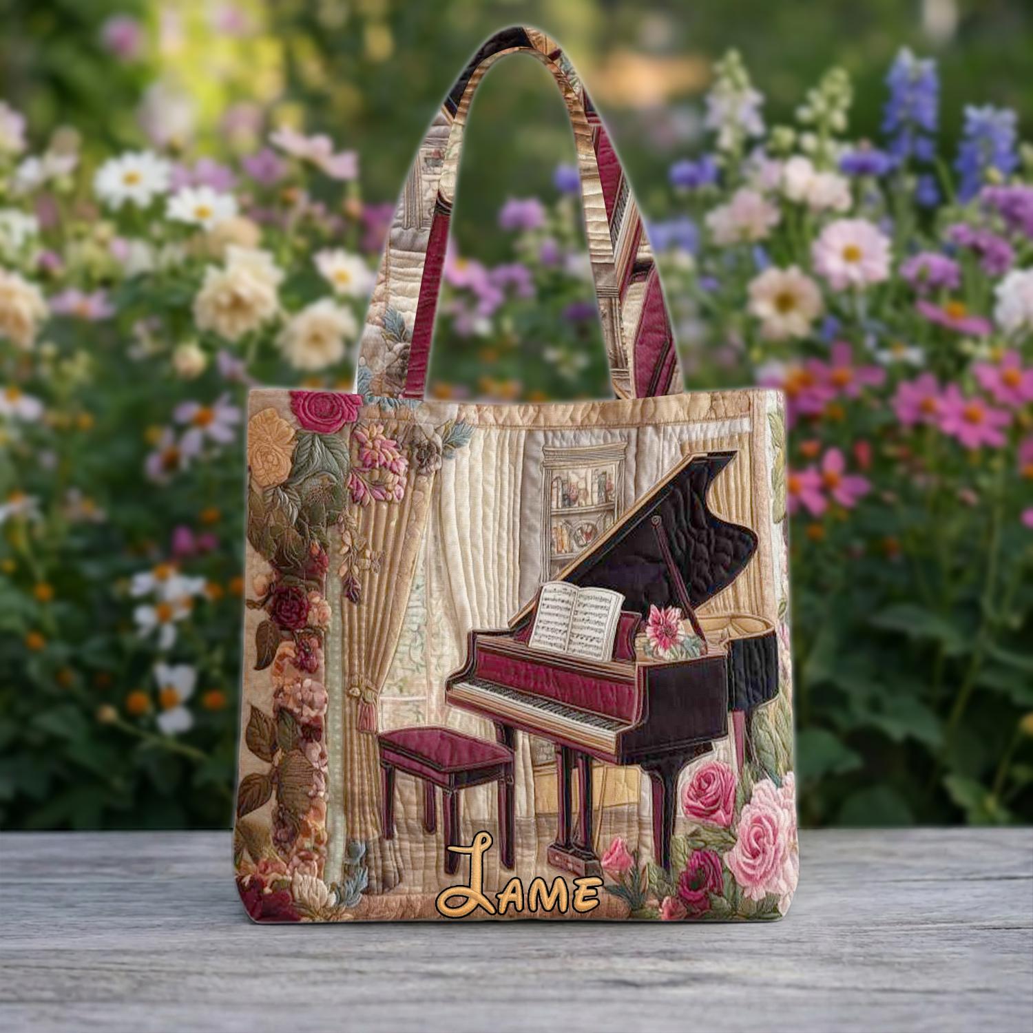 Custom Name Piano Quilted Tote Bag, Personalized Music Teacher Tote Bag, Aesthetic Keyboard Design Tote, Gift for Pianist, Piano Notes Bag
