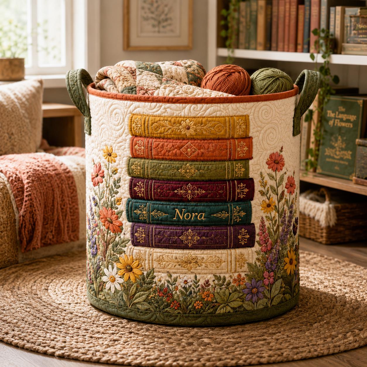 Personalized Book Stack Laundry Basket, Quilted Floral Hamper, Custom Name Storage Bin, Book Lover Room Organizer