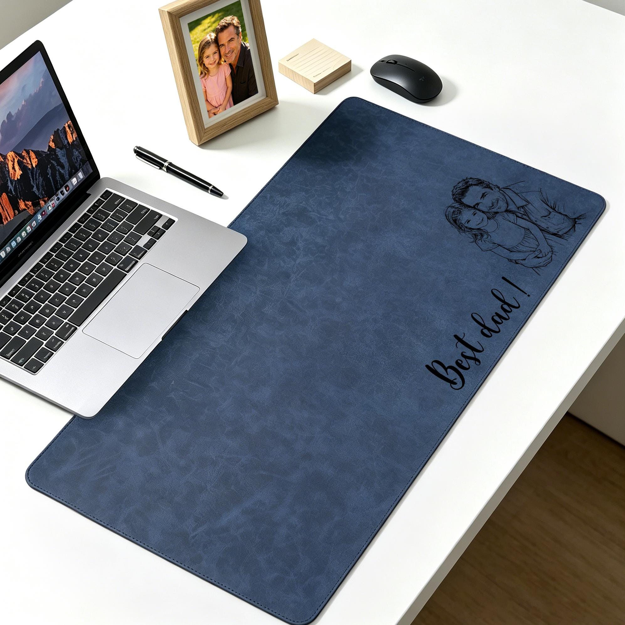 Personalized Dad We Love You Custom Photo Sketch Line Art Desk Mat,father’s Day Gift, Daddy & Kid Line Art Desk Pad,custom Leather Desk Mat