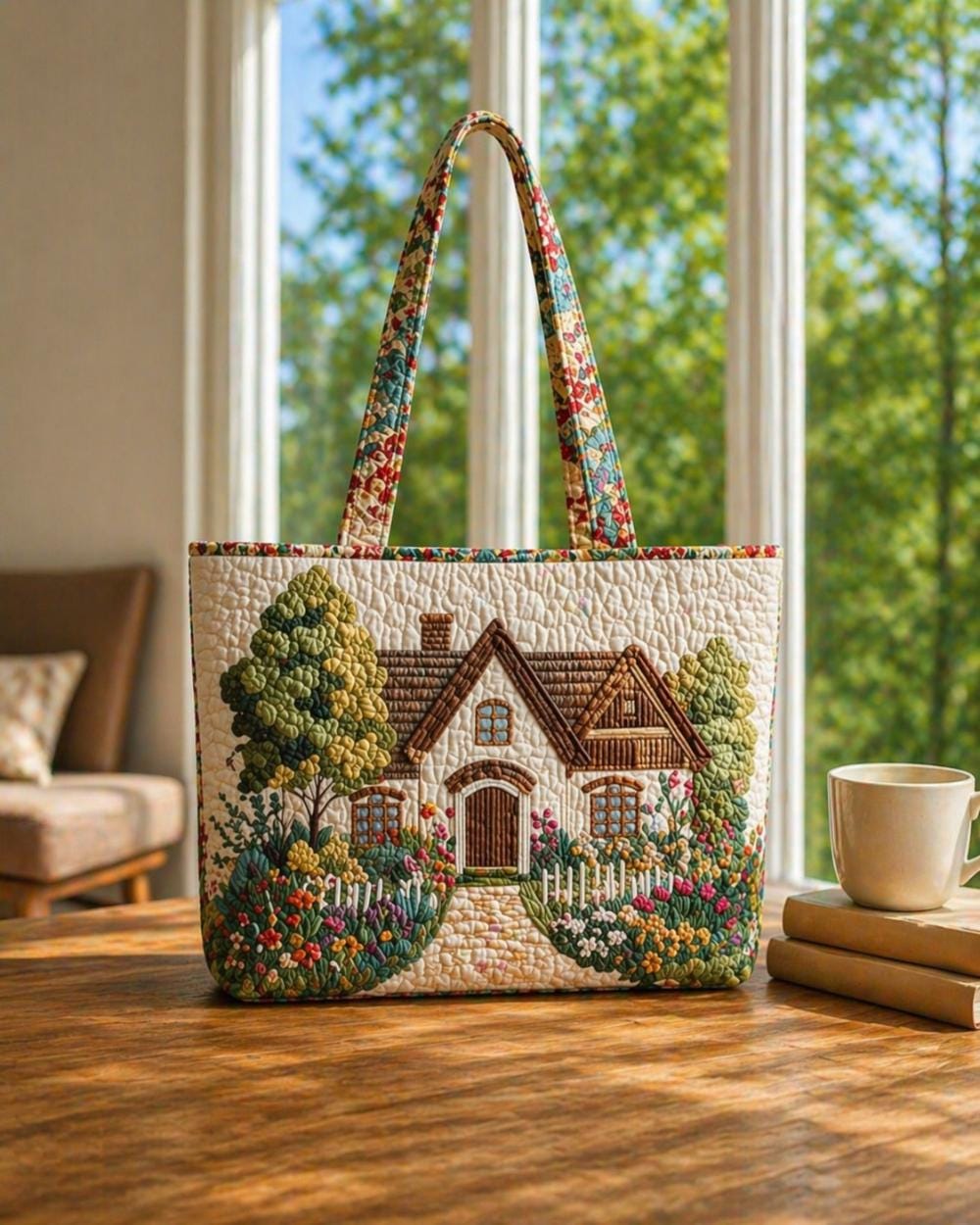Cottage Garden Quilted Tote Bag, Embroidered House Floral Handbag, Cottagecore Aesthetic Fabric Tote, Vintage Style Gift for Mom