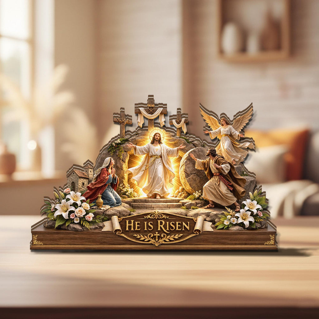 He is Risen Easter Wooden Decor, Jesus Resurrection Scene Tabletop Display, Christian Easter Sign, Religious Easter Gift