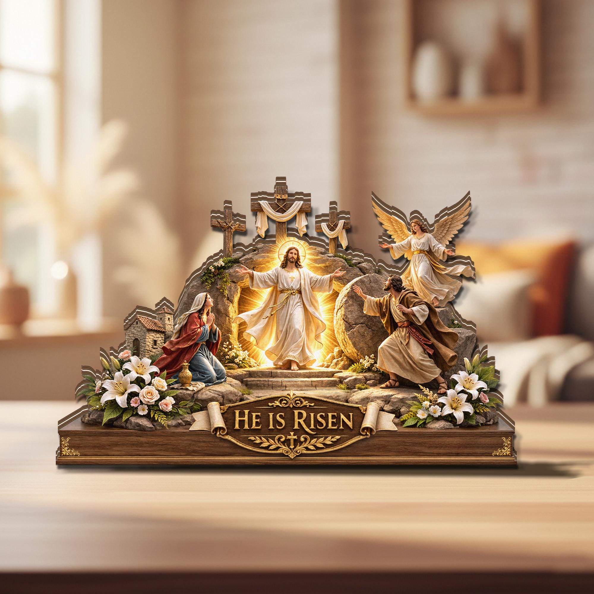 He is Risen Easter Wooden Decor, Jesus Resurrection Scene Tabletop Display, Christian Easter Sign, Religious Easter Gift