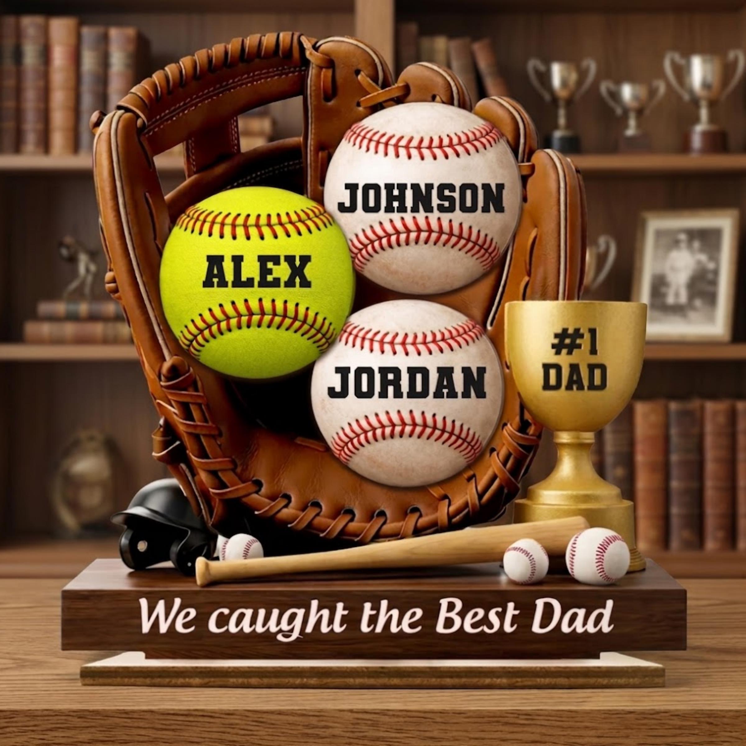 We Caught the Best Dad Baseball Personalized Wooden Sign, Custom Kids Names Wooden Plaque, Father's Day Gift
