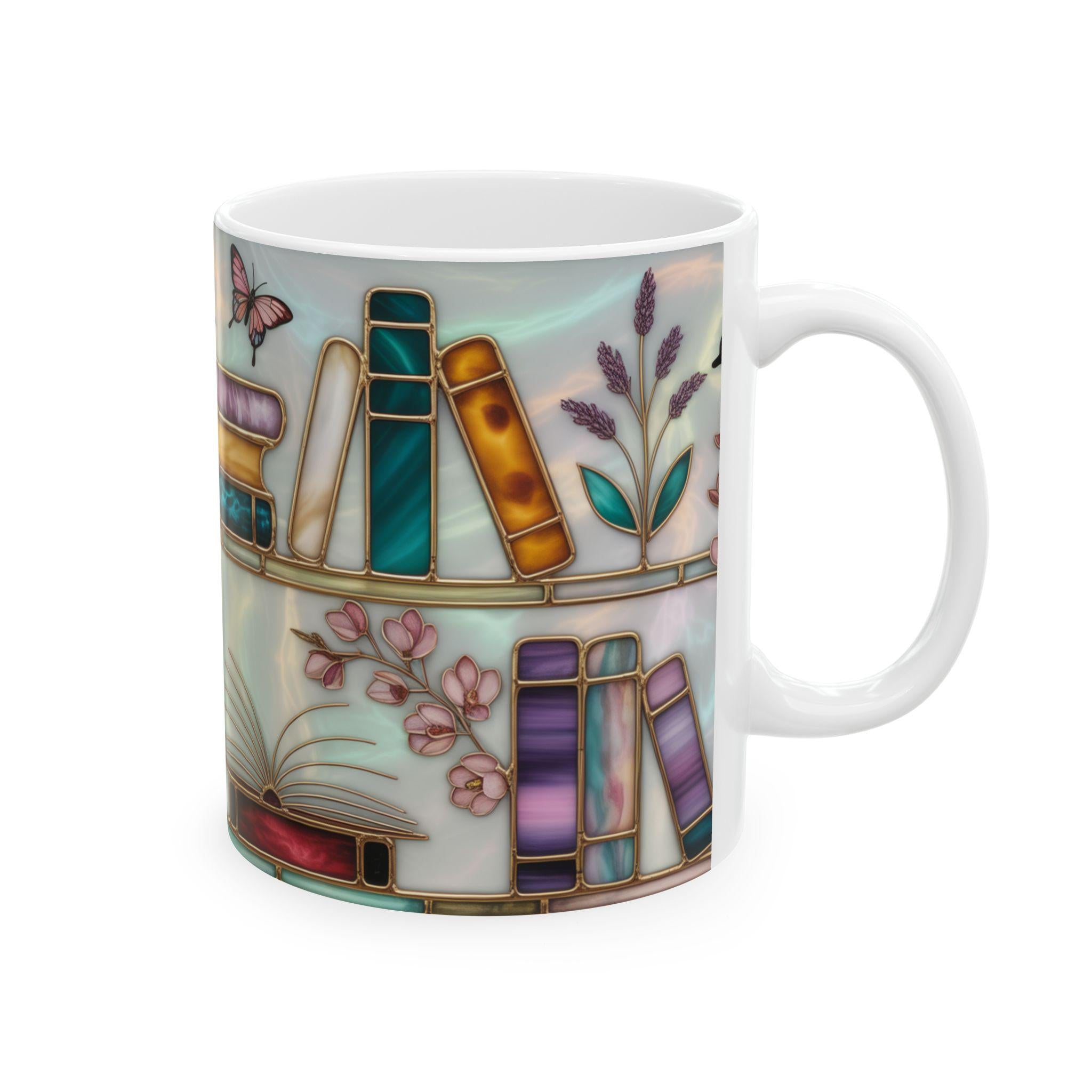 Book Lover Gift Stained Glass Design Bookshelf Mug Floral Butterfly Cottagecore Reading Mug Bookish Aesthetic Coffee Cup
