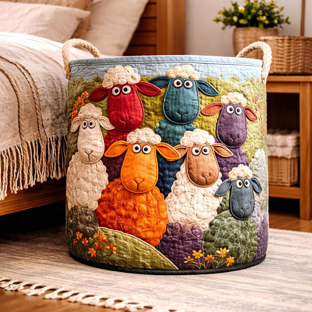 Patchwork Sheep Laundry Basket, Farmhouse Quilt Storage Bin, Rustic Organizer