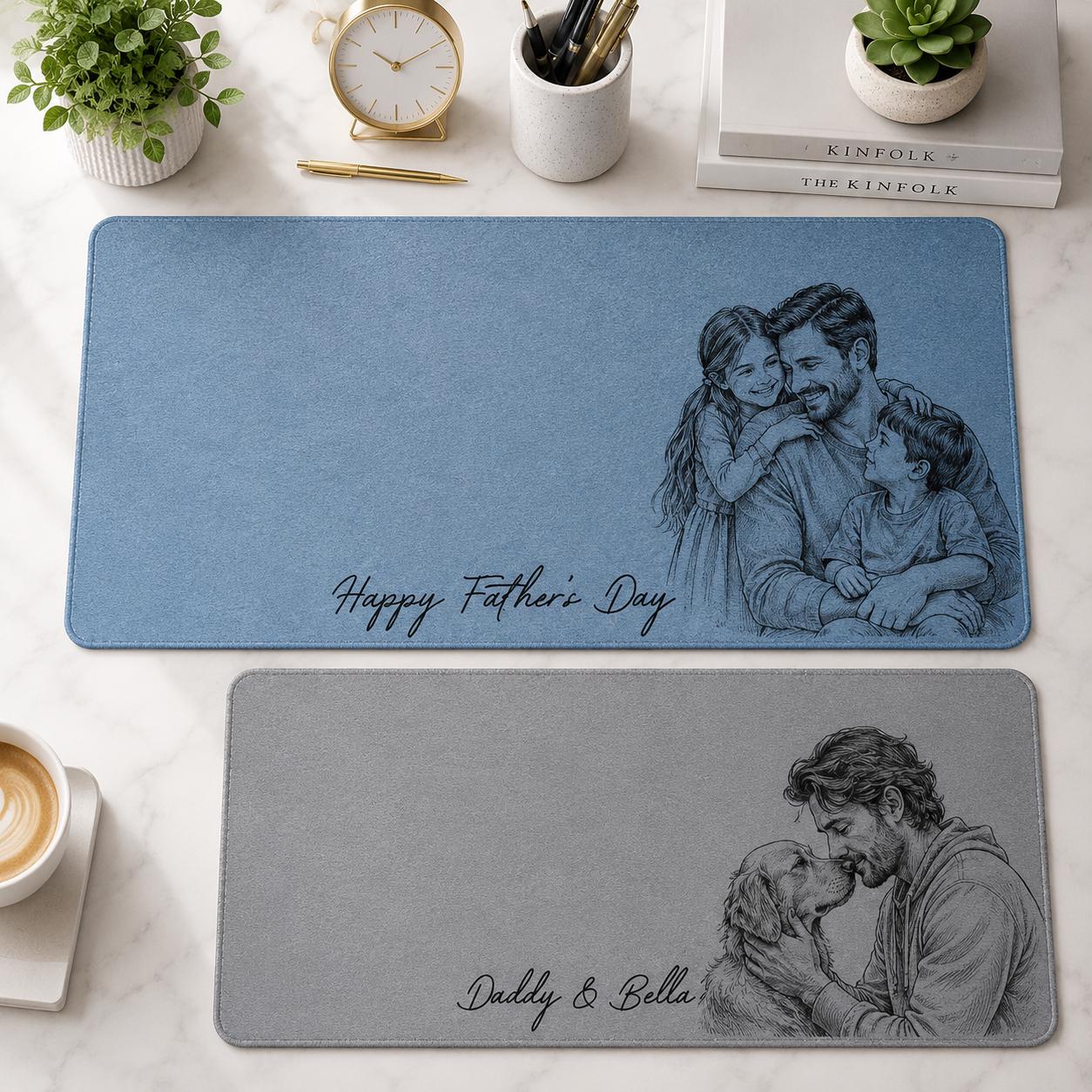 Custom Photo Sketch Line Art Leather Desk Mat, Fathers Day 2026 Gift for Husband, Personalized Daddy Kid Picture Mouse Pad Office Decor