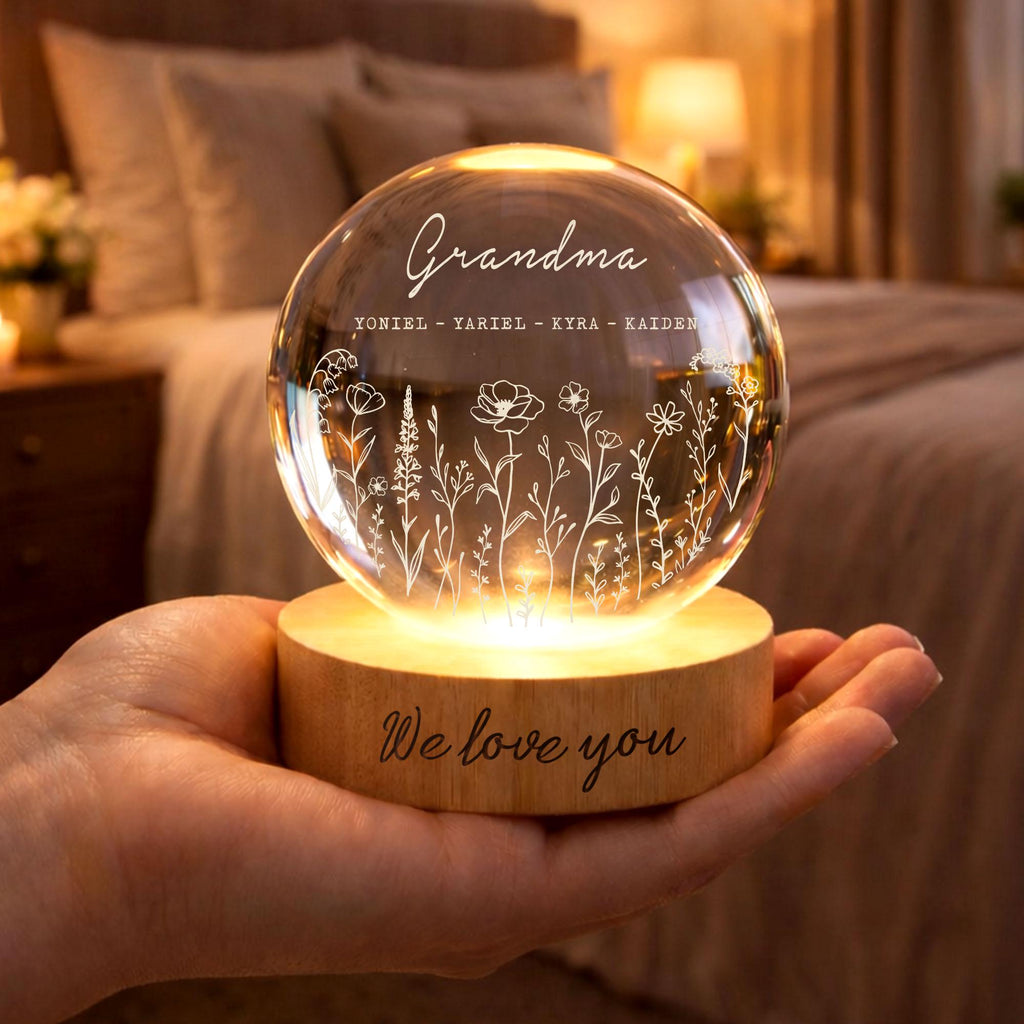 Personalized Mom Wildflower Crystal LED Ball, Floral Grandma With Kids Name Night Light, Gift for Mom, Grandma,mother's Day Gift,family Gift
