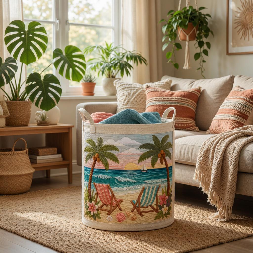 Tropical Quilted Laundry Basket, Beach Scene Storage Bin, Coastal Hamper, Summer Nursery Organizer, Ocean Home Decor