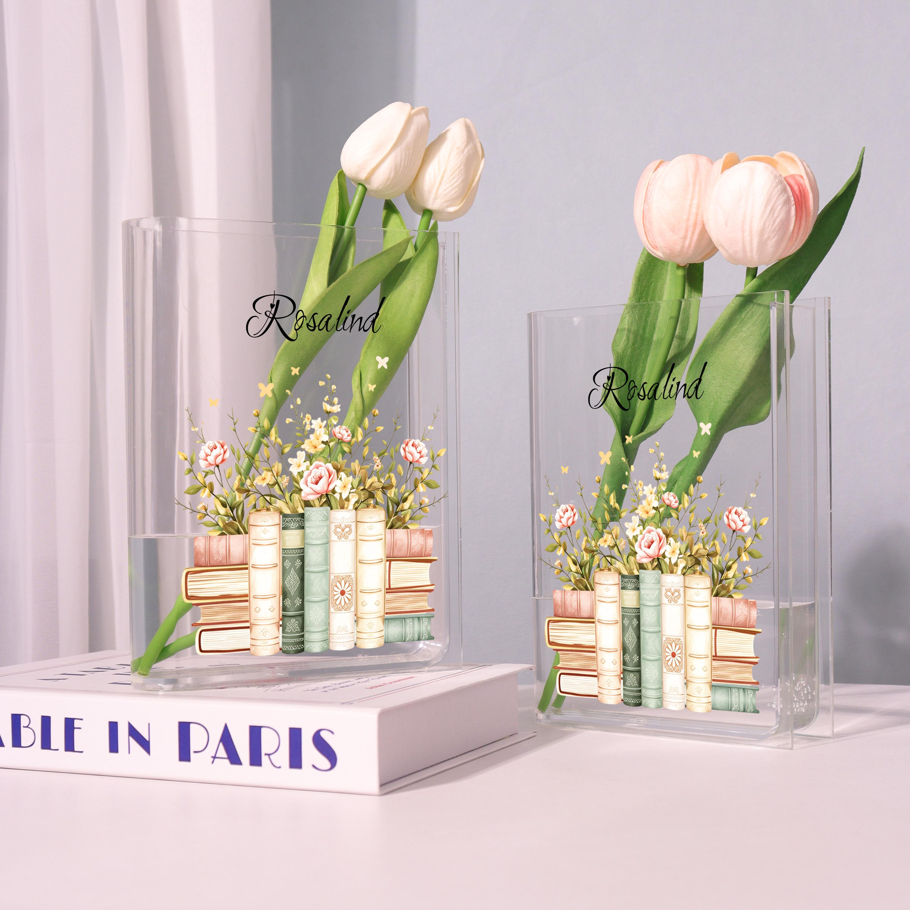 Vintage Book Stack Acrylic Book Vase, Floral Bookshelf Bookish Vase, Floral Book Shaped Vase, Flowers and Books,custom Gift for Book Lovers
