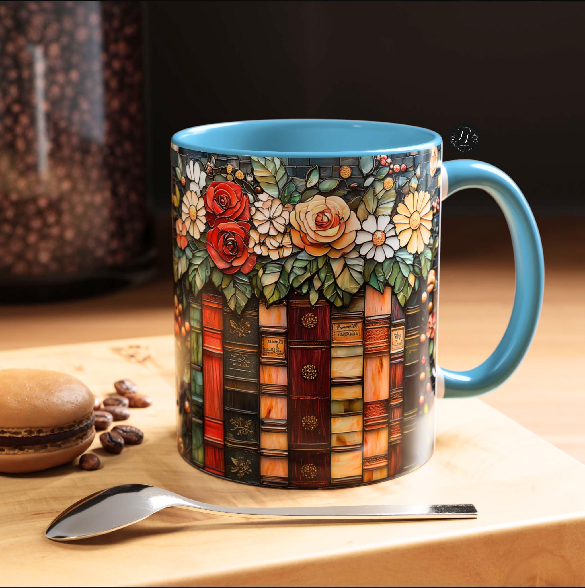Floral Bookshelf Mug_ Faux Stained Glass Ceramic Coffee Cup Bookish Literature and Kitchen Booklover