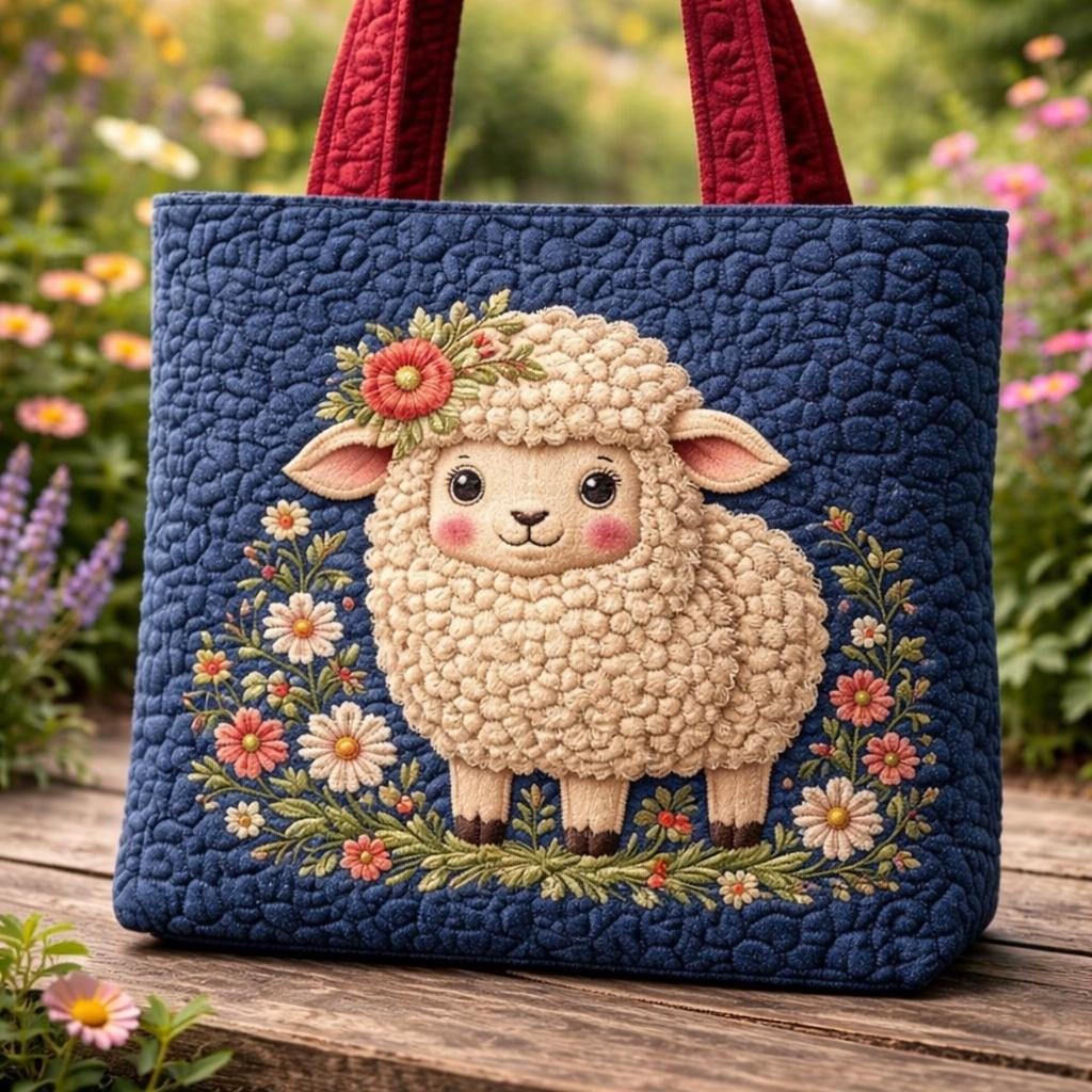 Quilted Sheep Tote Bag, Floral Lamb Bag, Cute Animal Tote, Handmade Quilted Purse, Floral Animal Bag, Cozy Tote, Gift for Her