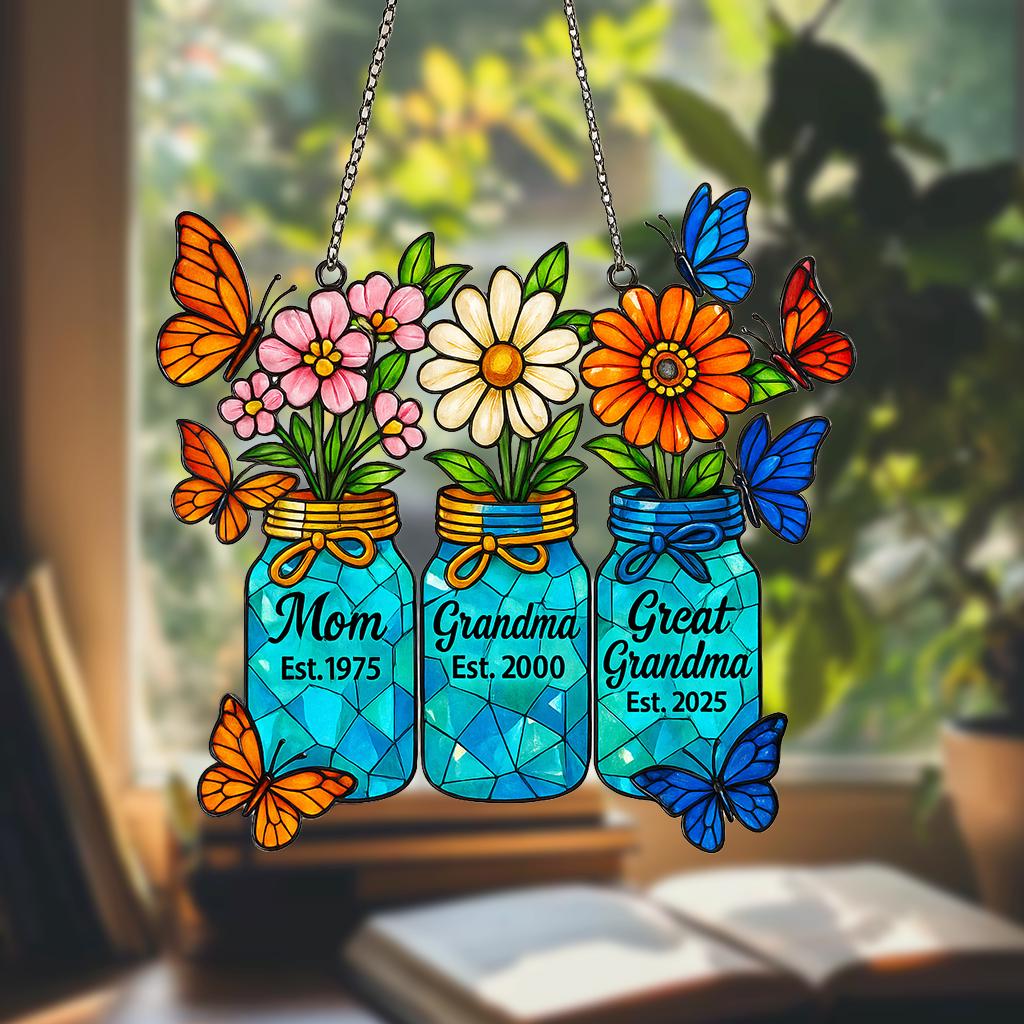 Generations Floral Jar Hologram Ornament _ Mom Grandma Great Grandma Gift _ Mother's Day Window Decor _ Family Legacy Keepsake, Gift for Her