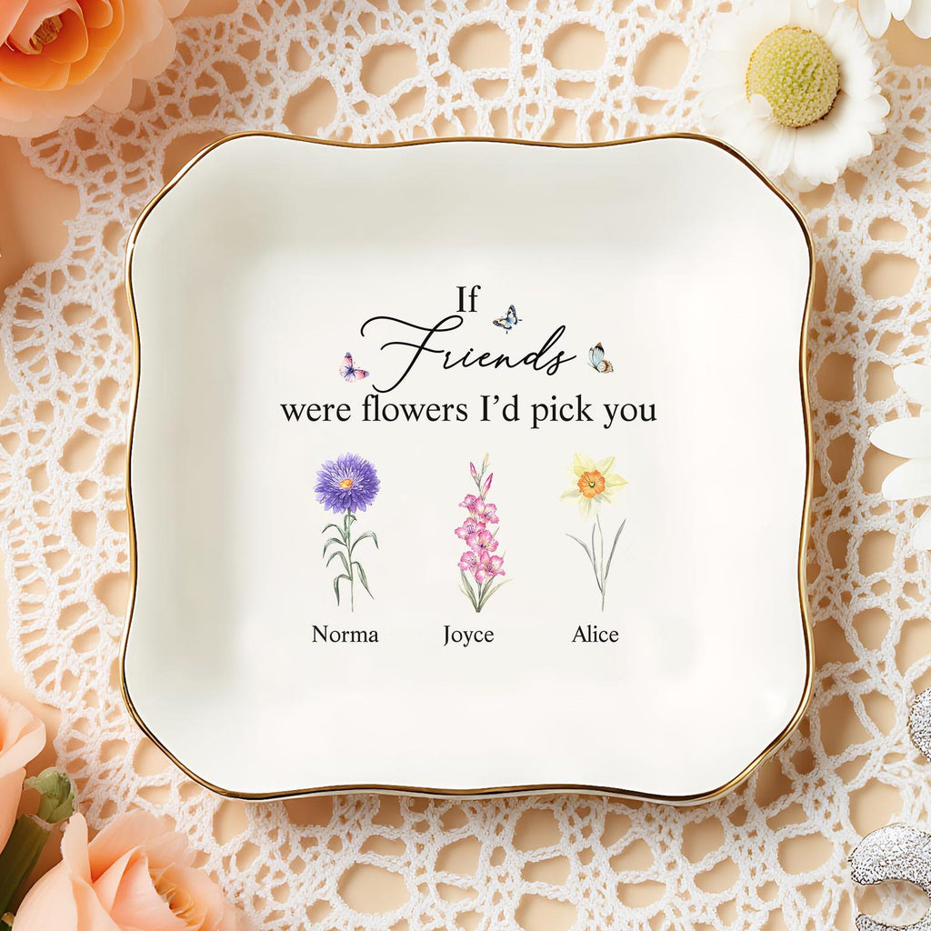 Personalized Friend Ceramic Ring Dish, Birth Flower Jewelry Holder, Wedding Bridesmaid Gift, Birthday Jewelry Dish, Christmas Gifts