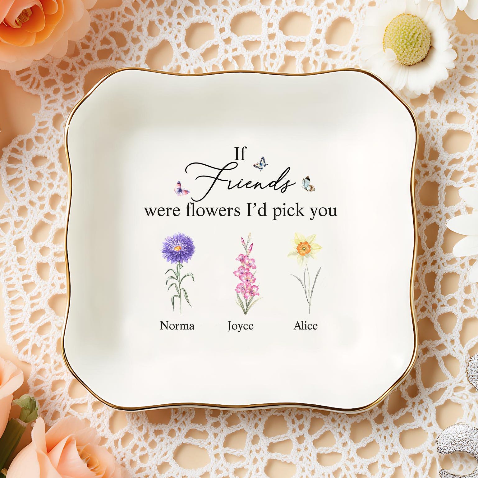 Personalized Friend Ceramic Ring Dish, Birth Flower Jewelry Holder, Wedding Bridesmaid Gift, Birthday Jewelry Dish, Christmas Gifts