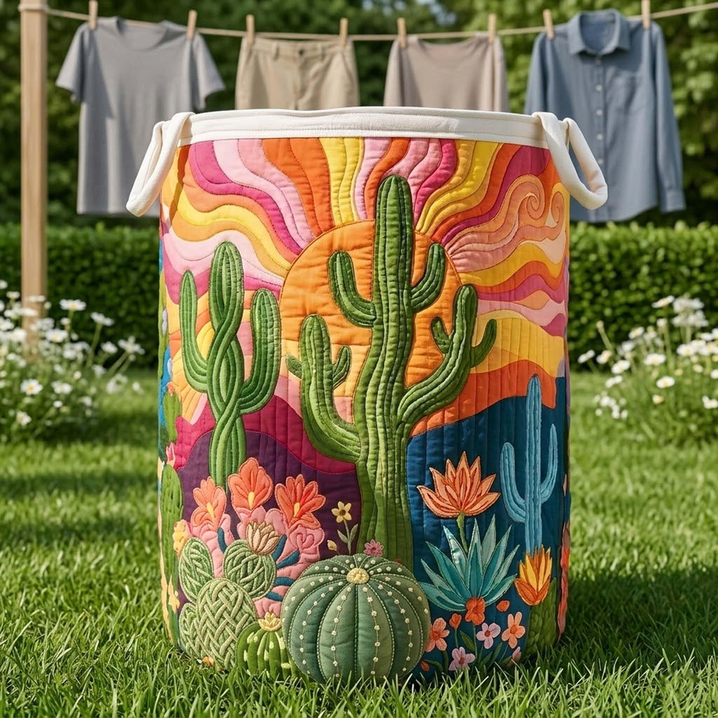 Hippie Floral Cactus Quilted Laundry Basket, Daybreak Boho Hamper, Family Storage Bin, Desert Flower Laundry Organizer