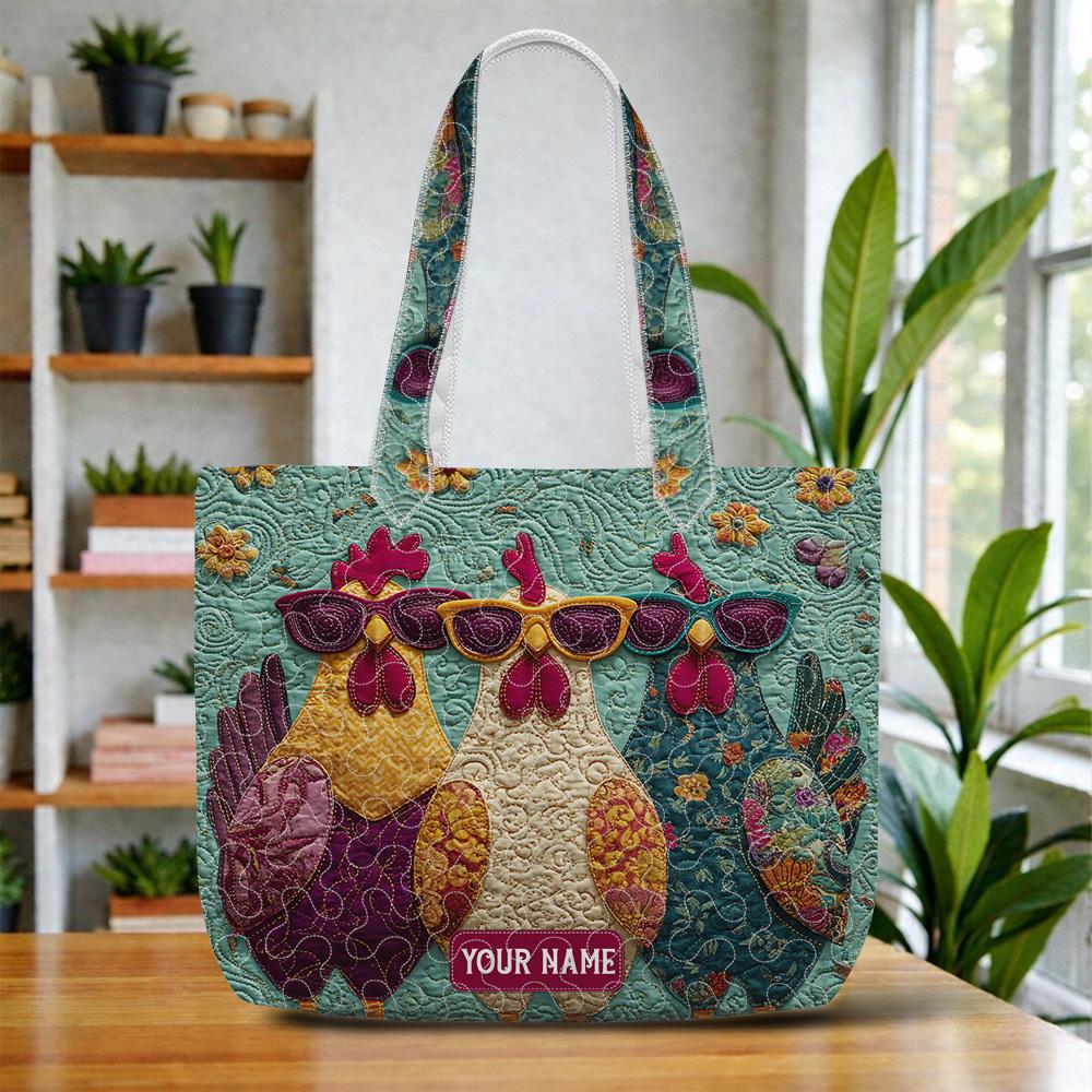 Personalized Chicken Quilted Tote Bag – Funny Chicken Mom Shoulder Bag, Colorful Farm Animal Market Tote, Custom Name Gift for Women