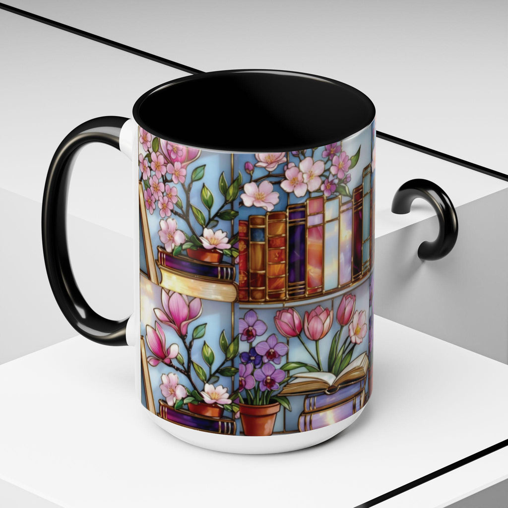 Book Lover Mug, Floral Bookshelf Coffee Mug, Gift for Readers, Stained Glass Style Mug, Bookish Aesthetic Mug, Library Coffee Cup