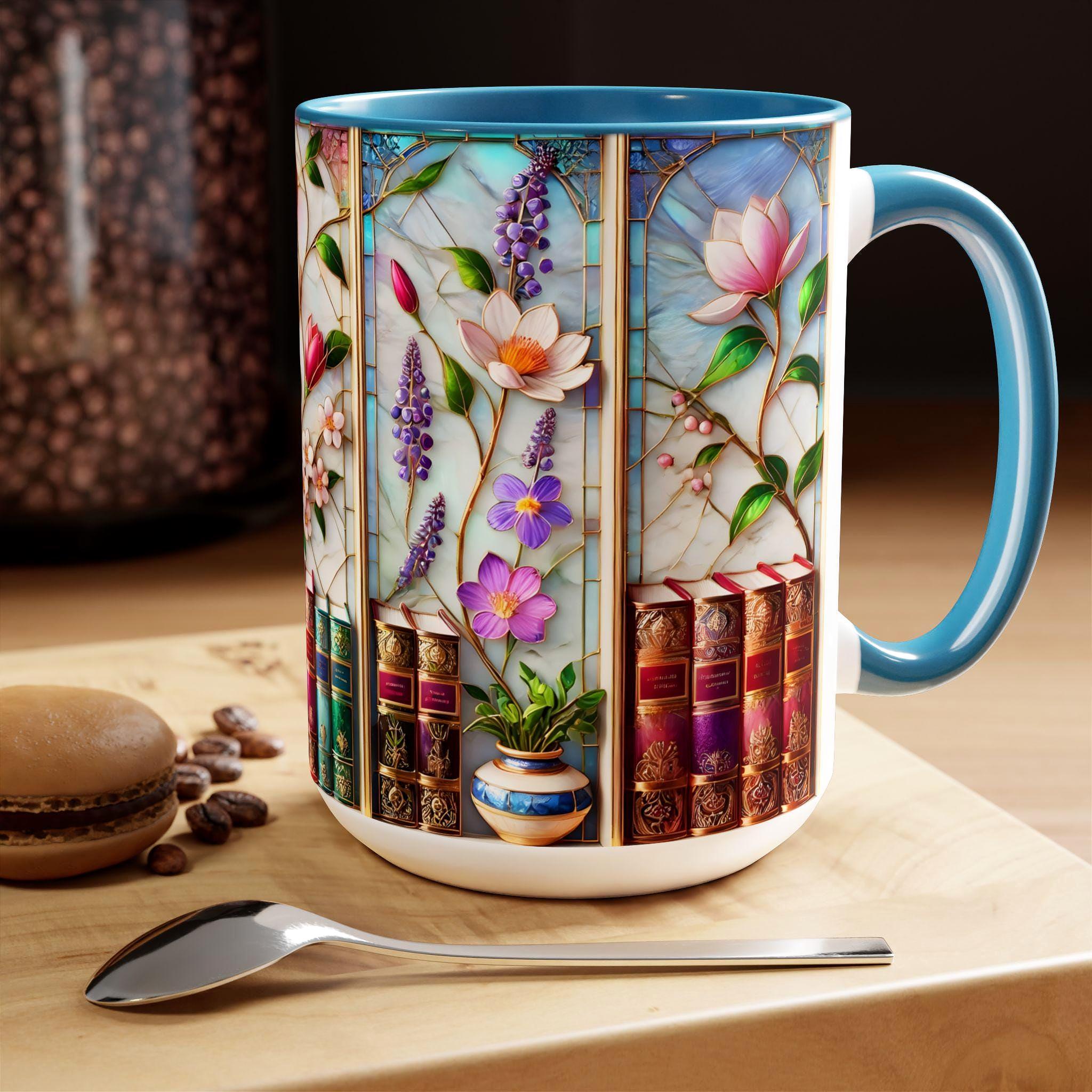Floral Bookshelf Coffee Mug, Bookish Faux Stained-glass Mug, Book Lover Gift, Reading Mug for Women, Library Floral Cup 15oz