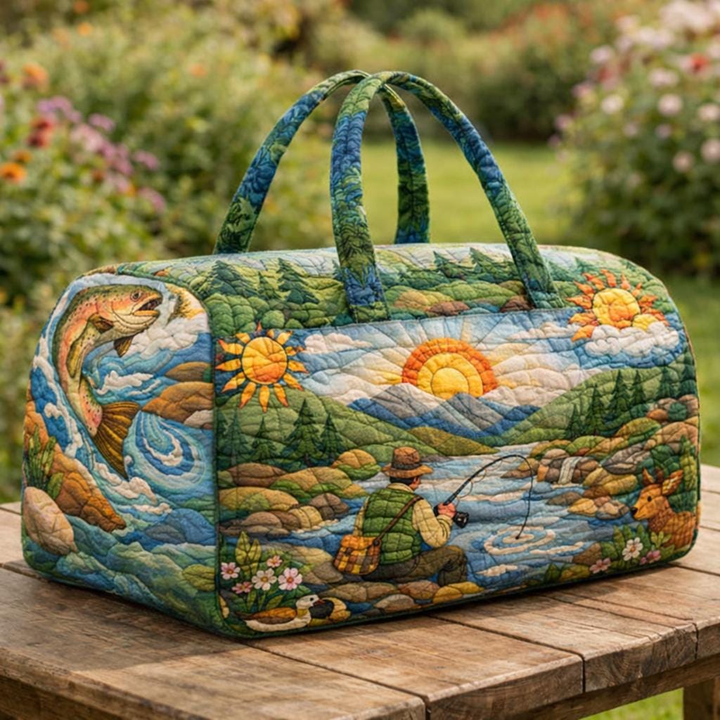 Quilted Duffle Bag – Fishing Theme Travel Bag, Father’s Day Gift for Dad, Handmade Patchwork Weekender, Gift for Fishing Lovers