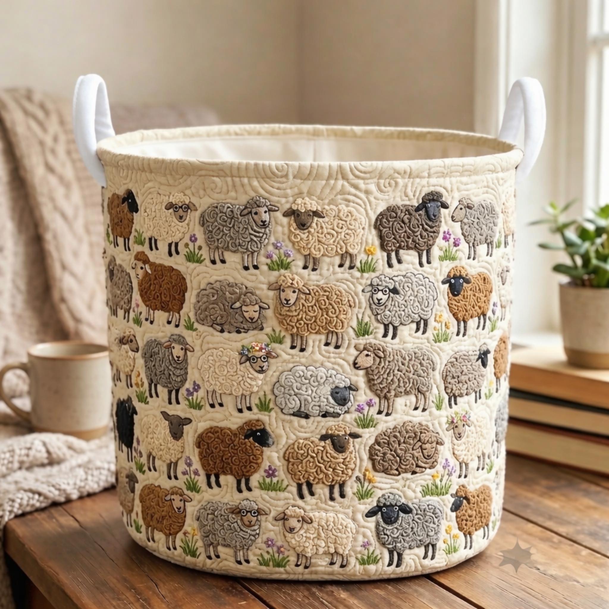 Sheep Quilted Laundry Basket, Cute Farm Animal Hamper, Foldable Storage Bin, Nursery Decor, Cottagecore Home Organizer Gift