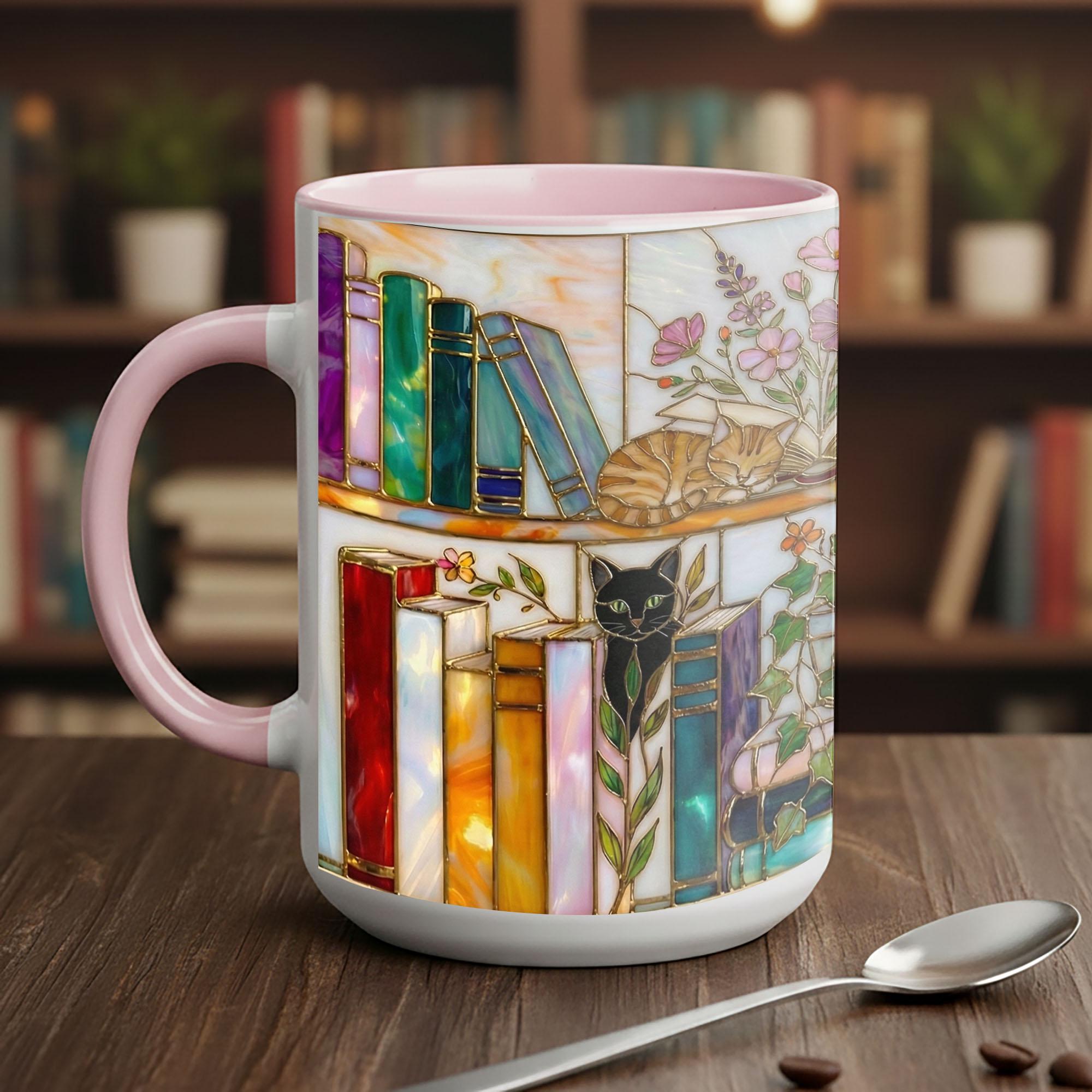 Stained Glass Book Lover Mug Floral With Cat Cottagecore Bookshelf Design Colorful Reading Bookish Cup 15oz Ceramic, Handle Color Mug, Adorable Ceramic Mug – Perfect for Kids & Families