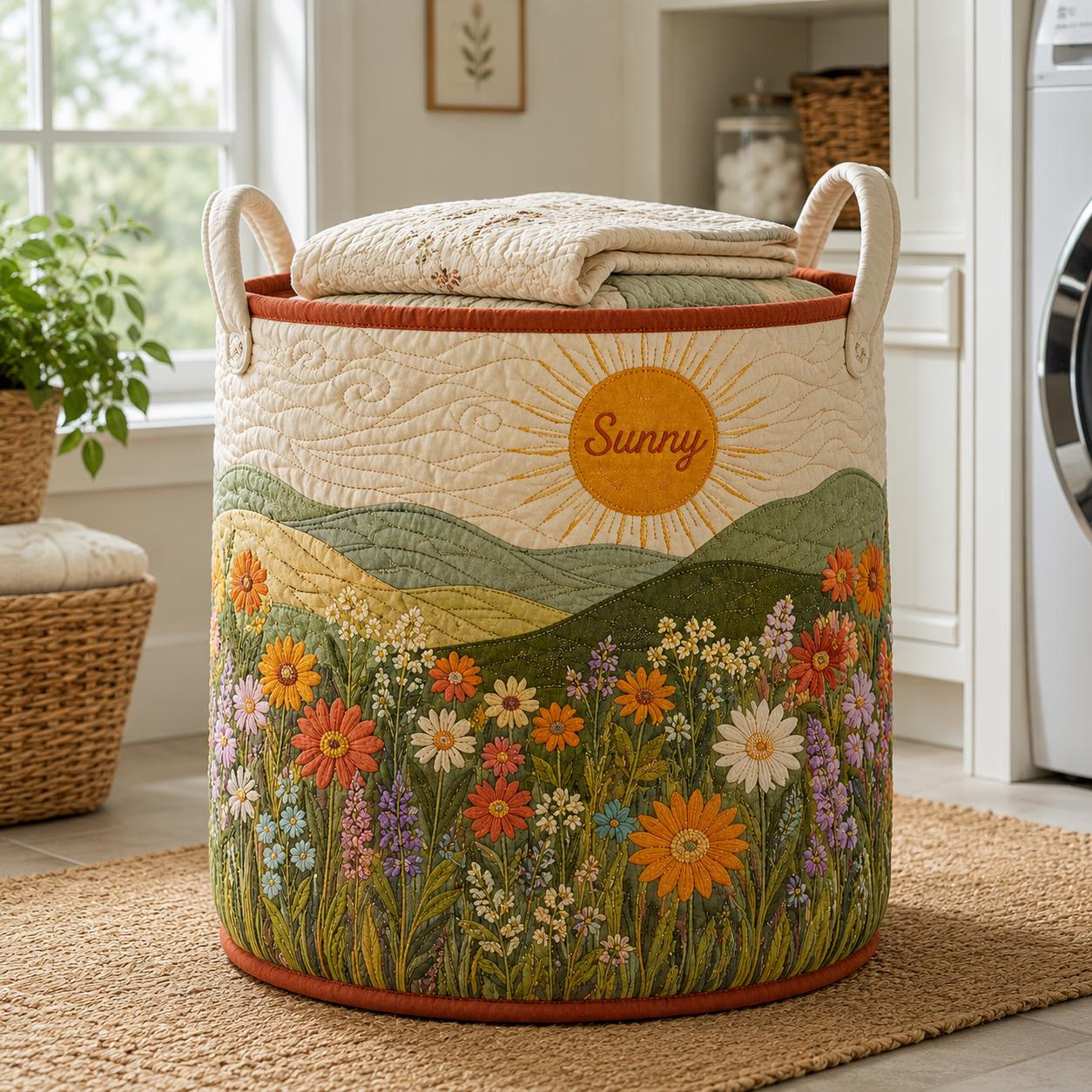 Quilted Laundry Basket, Wildflower Landscape Hamper, Sun Meadow Storage Bin
